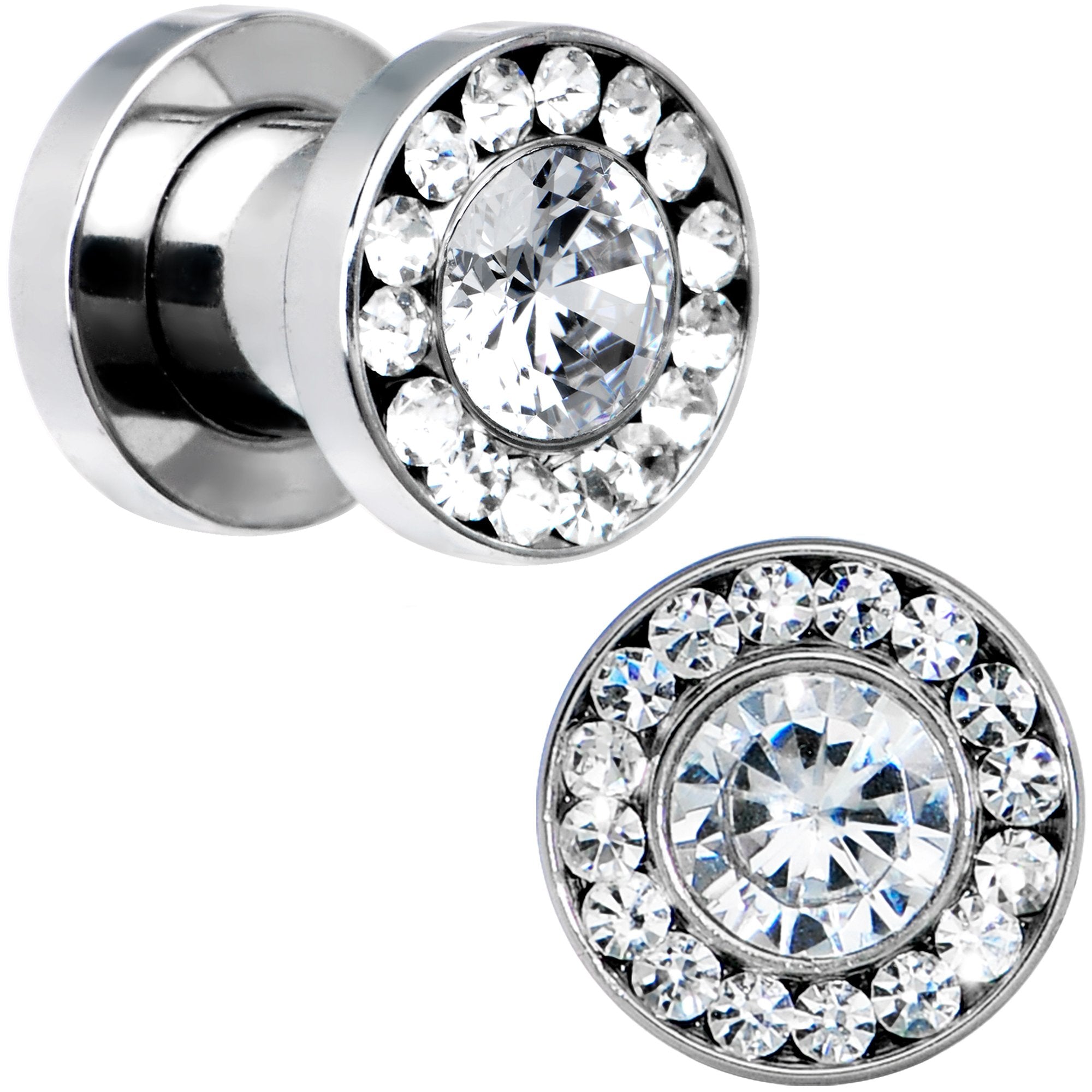 2 Gauge Clear CZ Big Bling Screw Fit Tunnel Plug Set