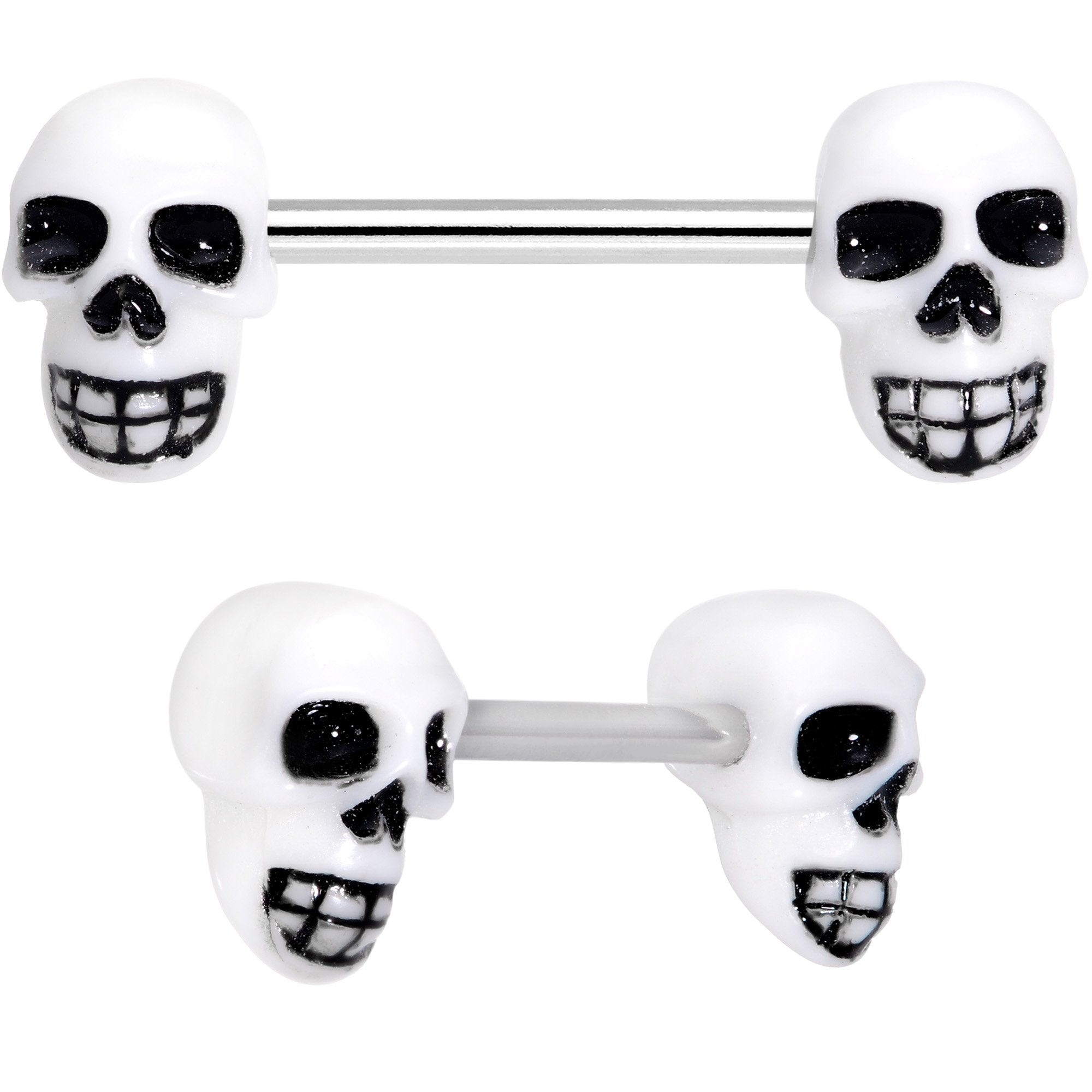 9/16 White Goth Skull Barbell Nipple Ring Set