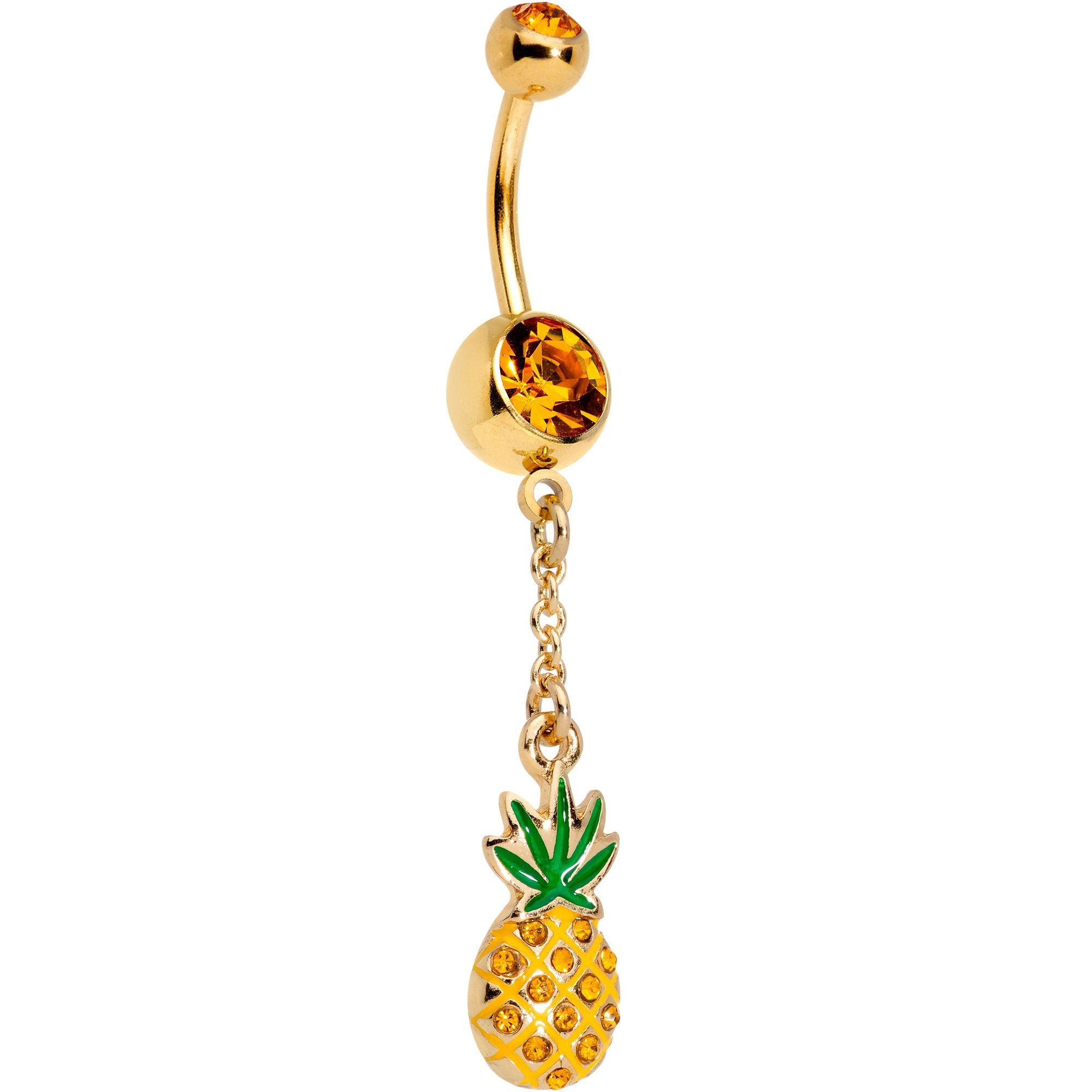 Orange Gem Gold Tone Anodized Pineapple Chain Dangle Belly Ring