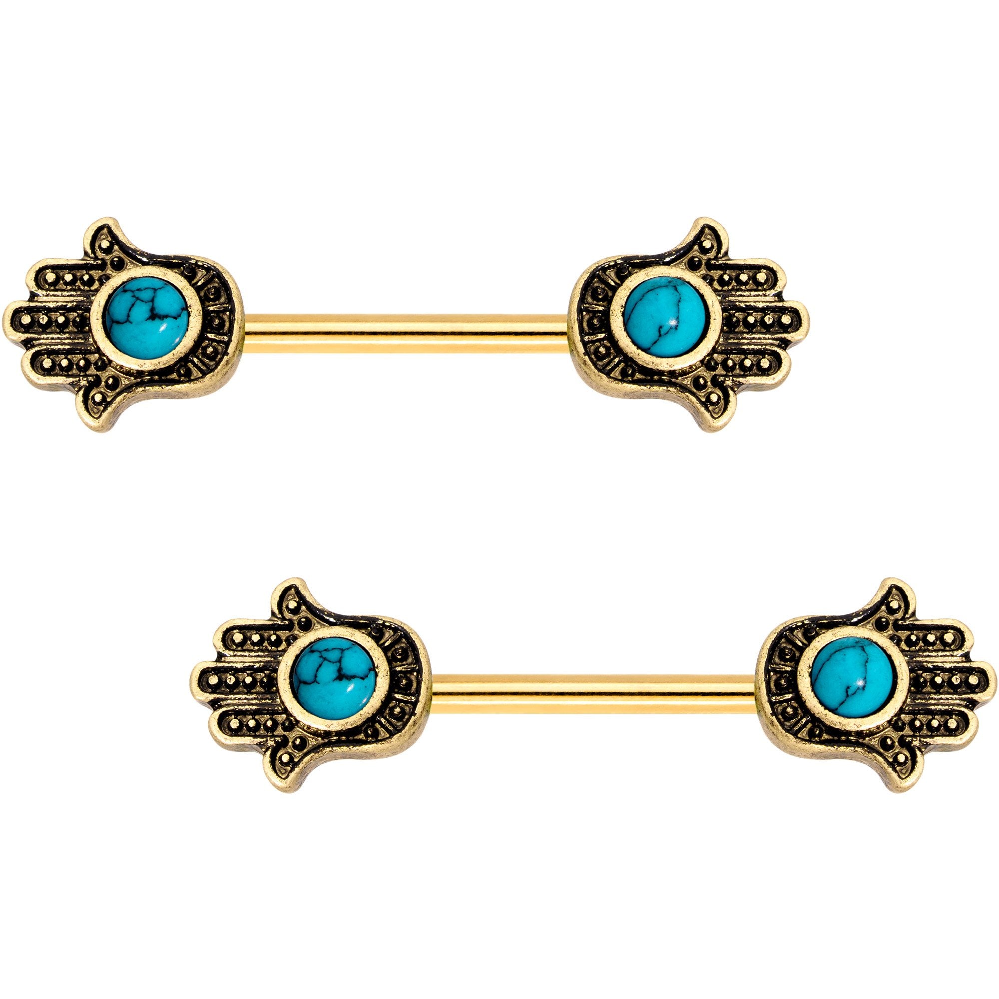 Faux Turquoise Gold Tone Hamsa Hand Barbell Nipple Ring Set