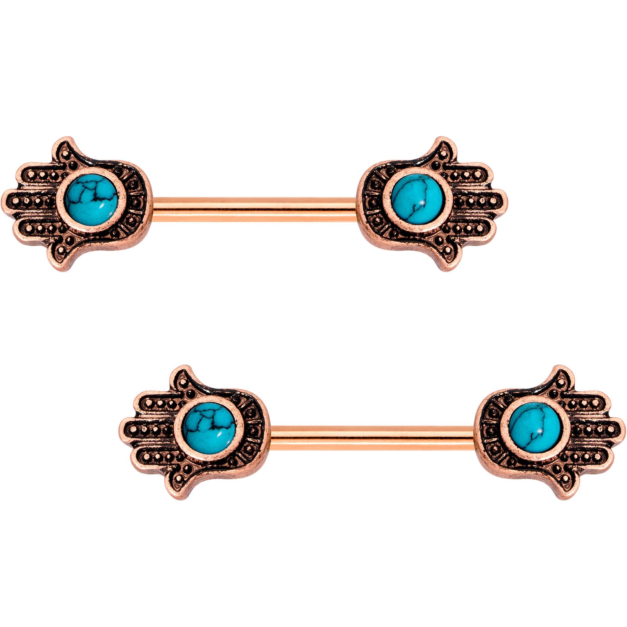 Faux Turquoise Rose Gold Tone Hamsa Hand Barbell Nipple Ring Set