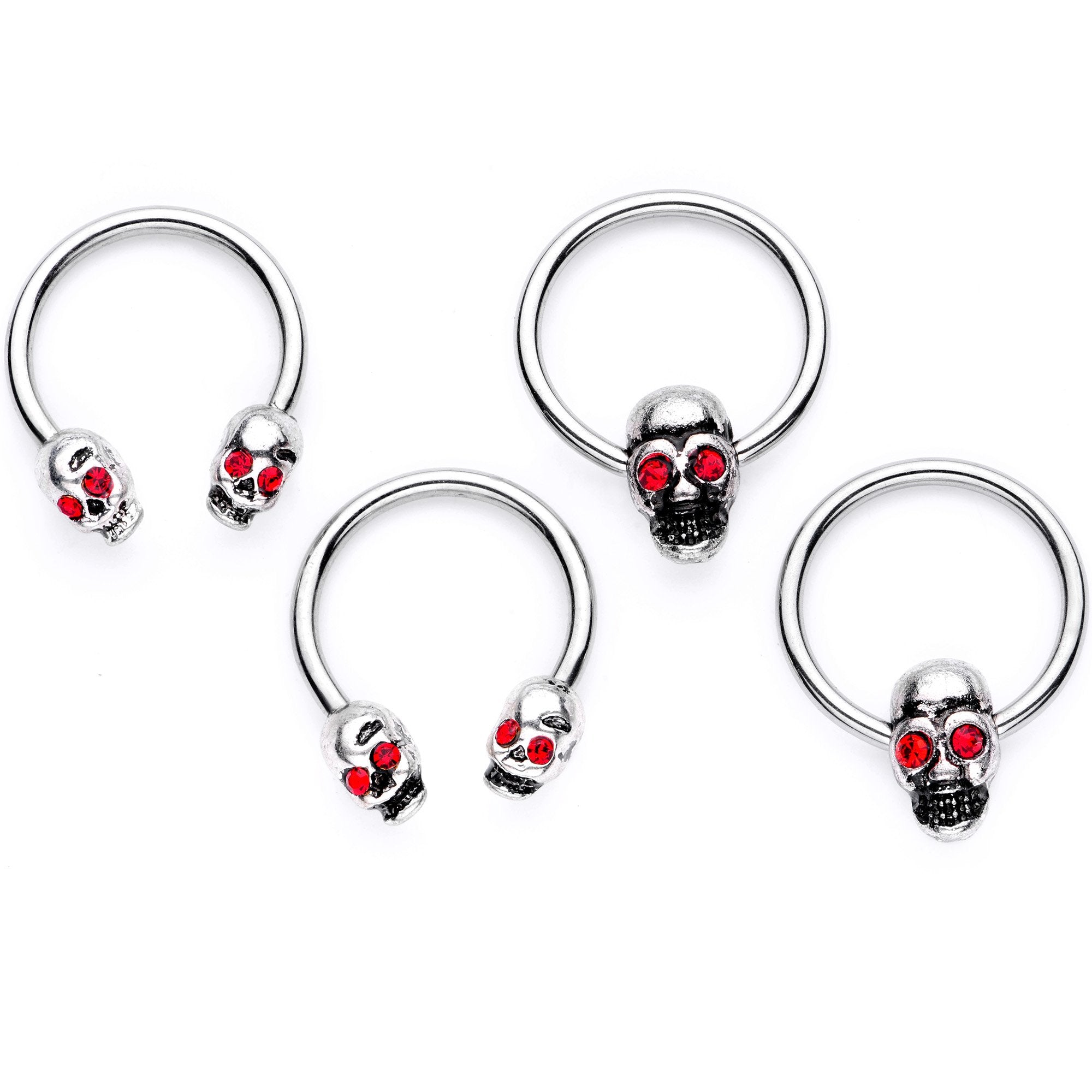 16 Gauge 3/8 Red Gem Skull Eye Horseshoe Barbell BCR Captive Ring Set