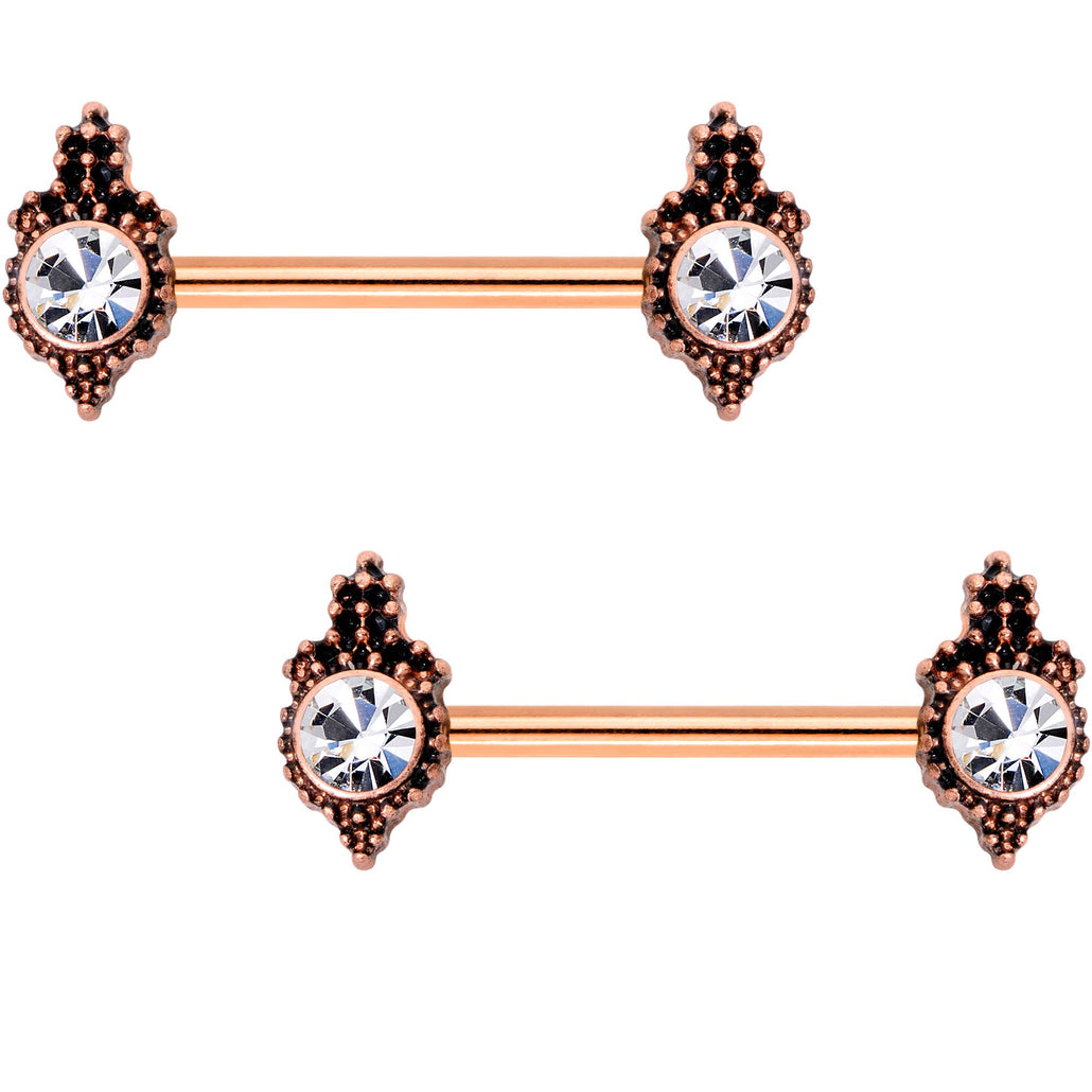 Clear Gem Rose Gold Tone Durango Fashion Barbell Nipple Ring Set