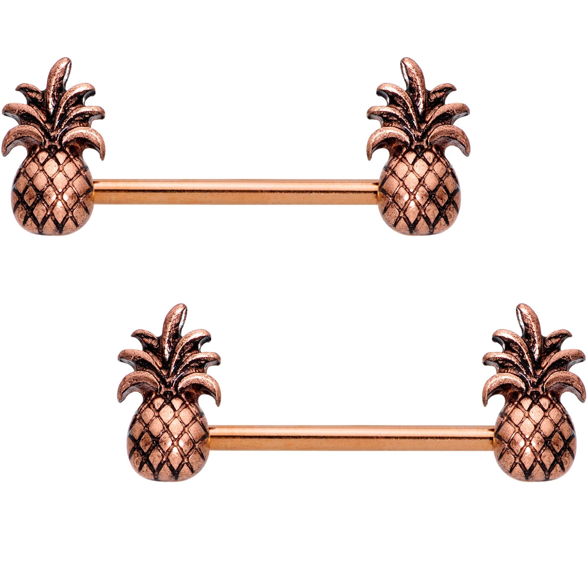 9/16 Rose Gold Tone Anodized Plump Pineapple Barbell Nipple Ring Set