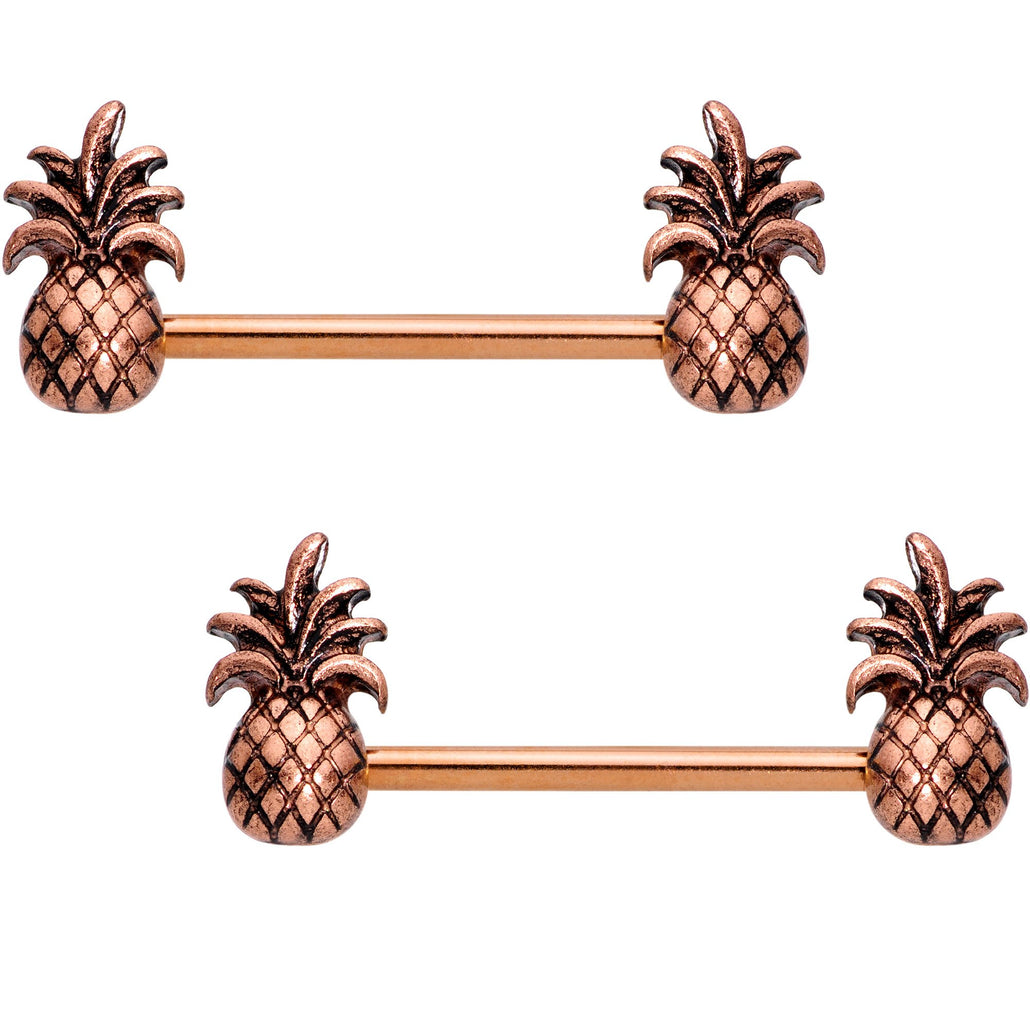 9/16" Rose Gold Tone Anodized Plump Pineapple Barbell Nipple Ring Set