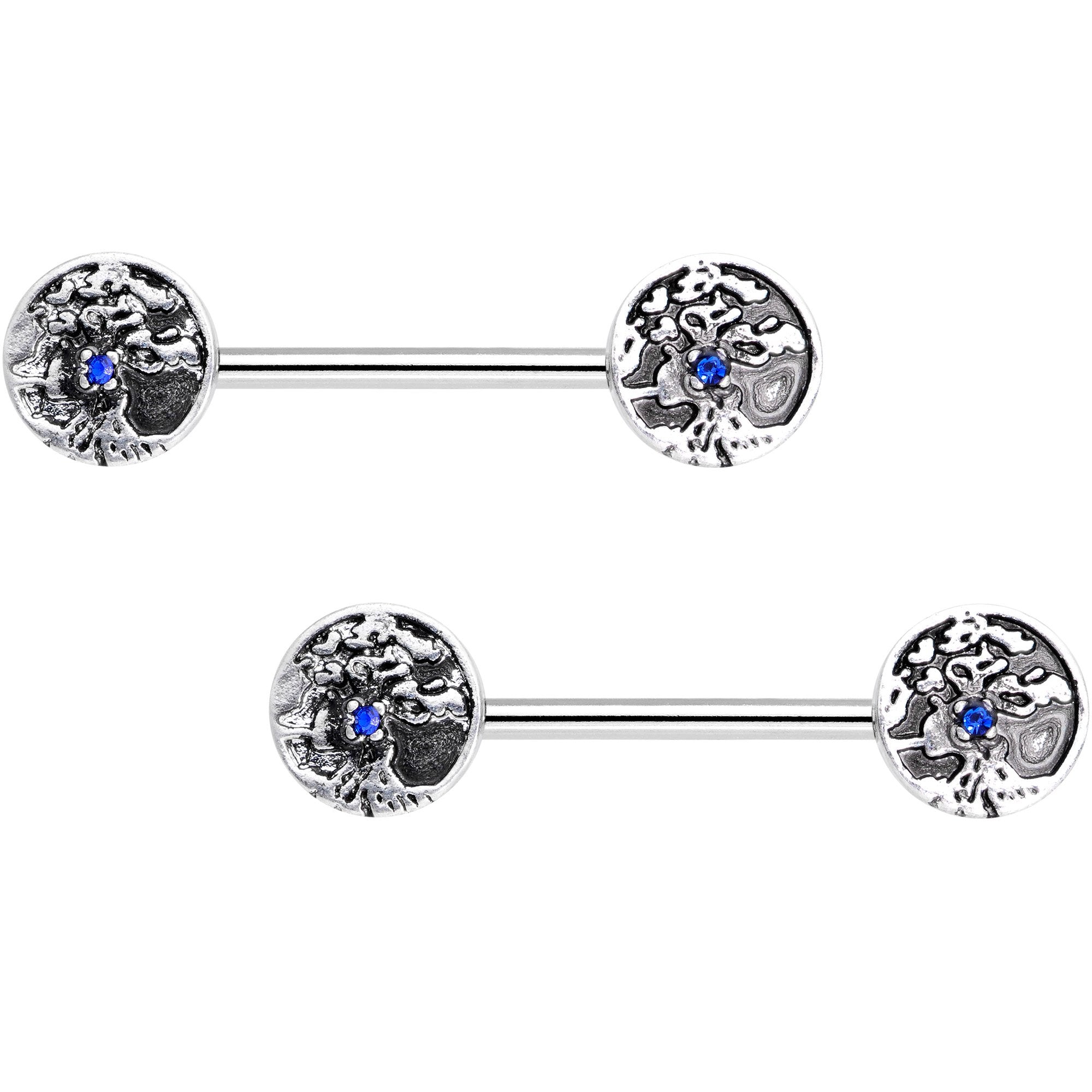 9/16 Blue Gem Rippled Water Barbell Nipple Ring Set