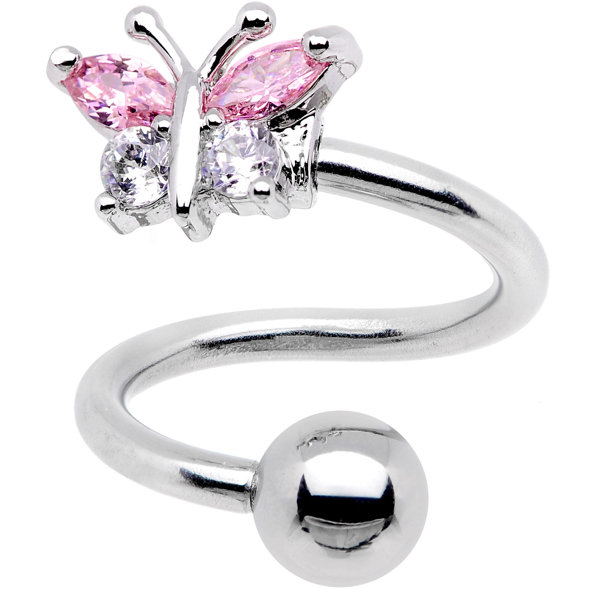 Clear Pink CZ Gem Butterfly Spiral Twister Top Mount Belly Ring