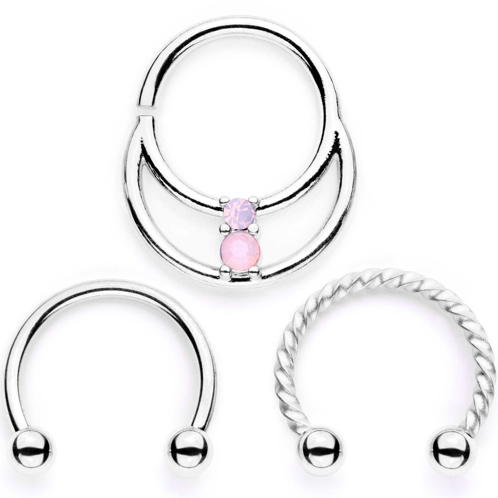 16 Gauge 3/8 Pink Faux Opal Twisted Horseshoe Closure Ring Set