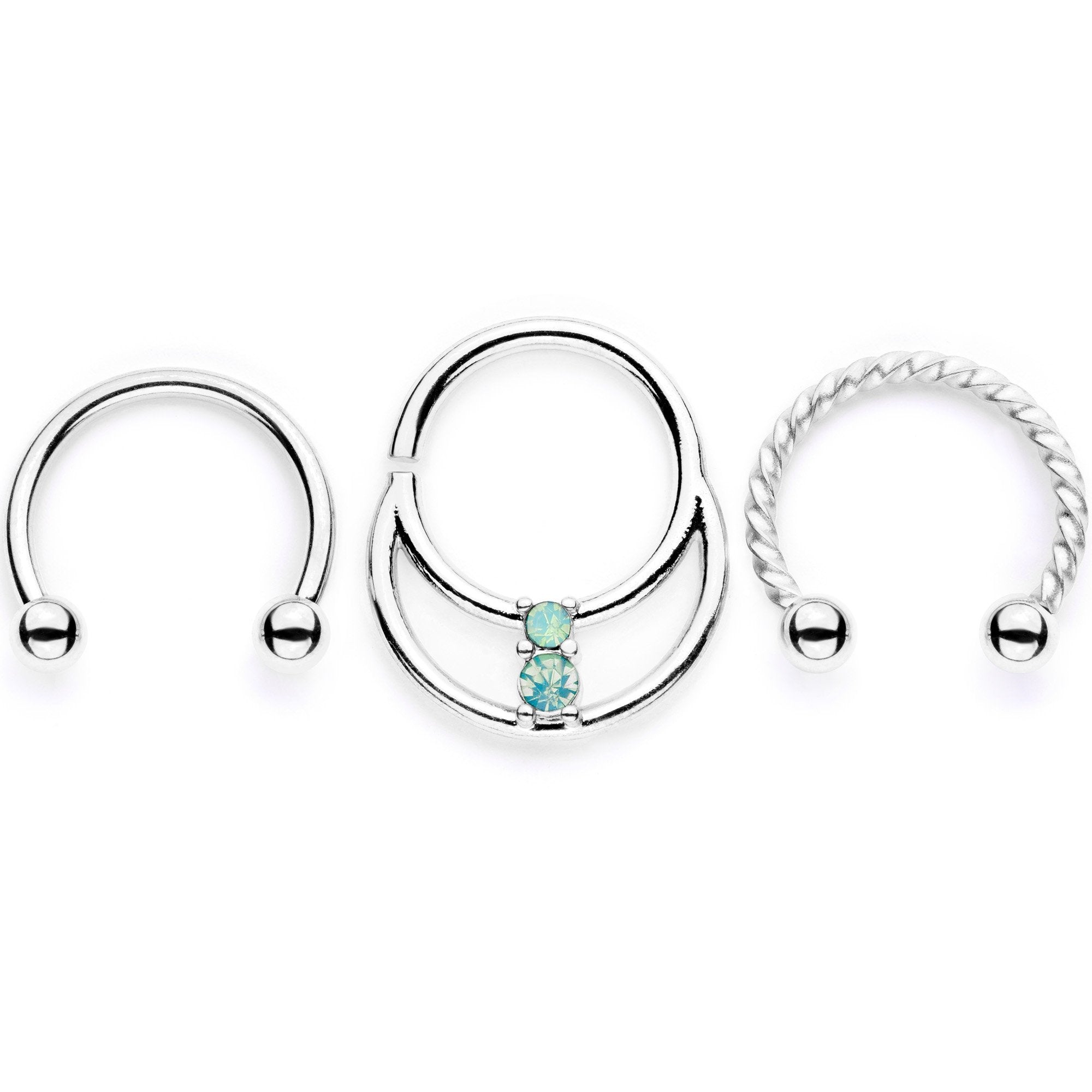 16 Gauge 3/8 Teal Faux Opal Twisted Horseshoe Closure Ring Set