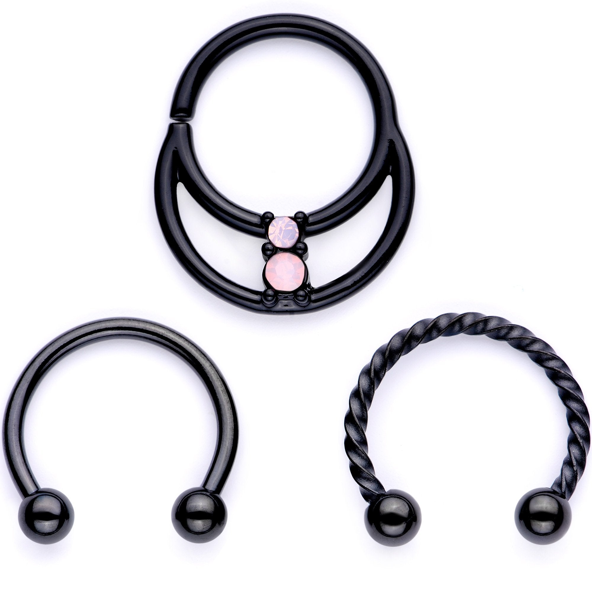 16 Gauge 3/8 Pink Faux Opal Black Anodized Horseshoe Closure Ring Set