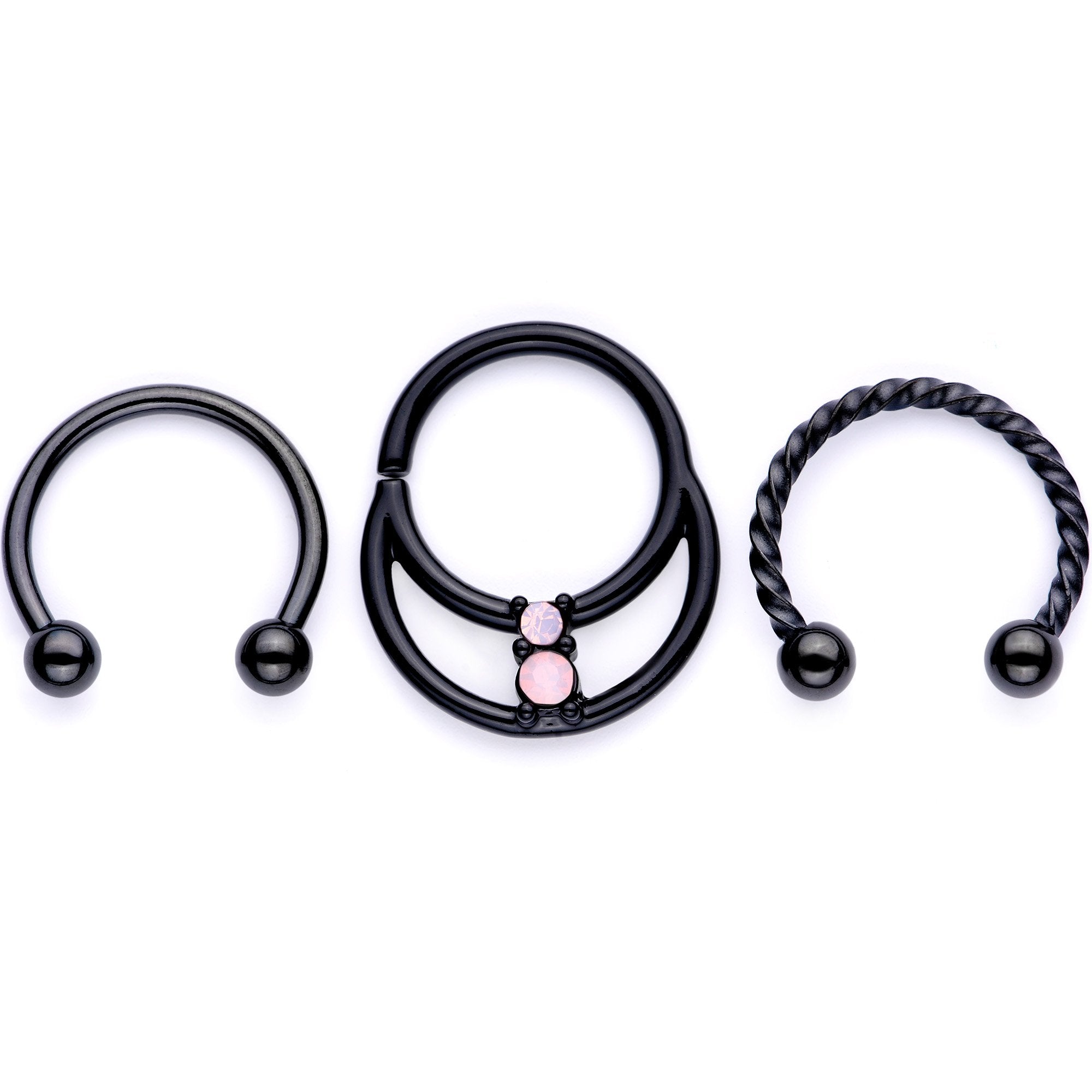 16 Gauge 3/8 Pink Faux Opal Black Anodized Horseshoe Closure Ring Set