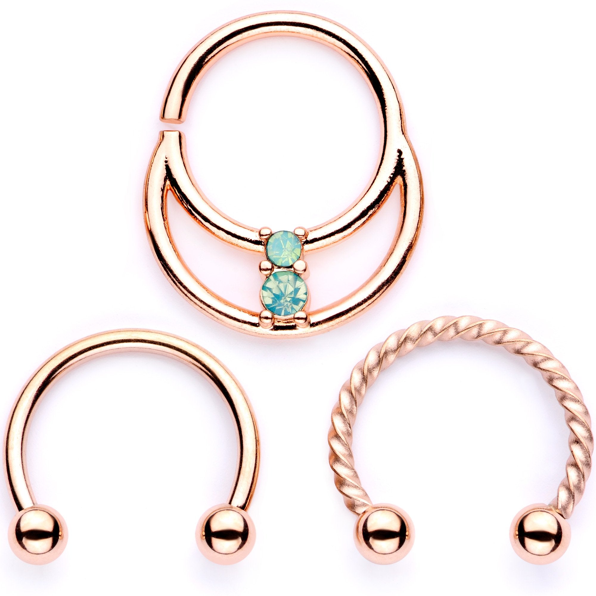 16 Gauge 3/8 Teal Faux Opal Rose Gold Tone Horseshoe Closure Ring Set