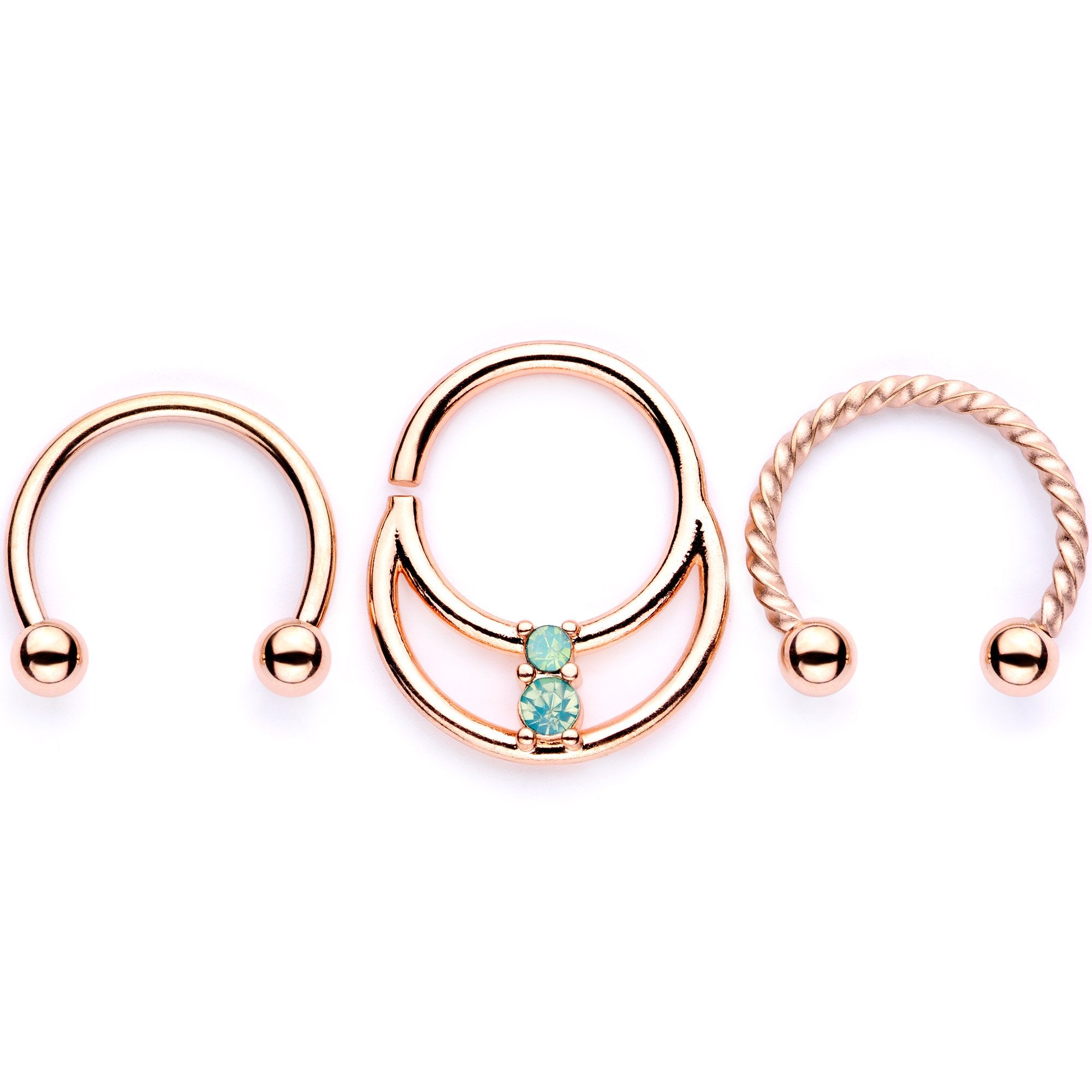 16 Gauge 3/8 Teal Faux Opal Rose Gold Tone Horseshoe Closure Ring Set