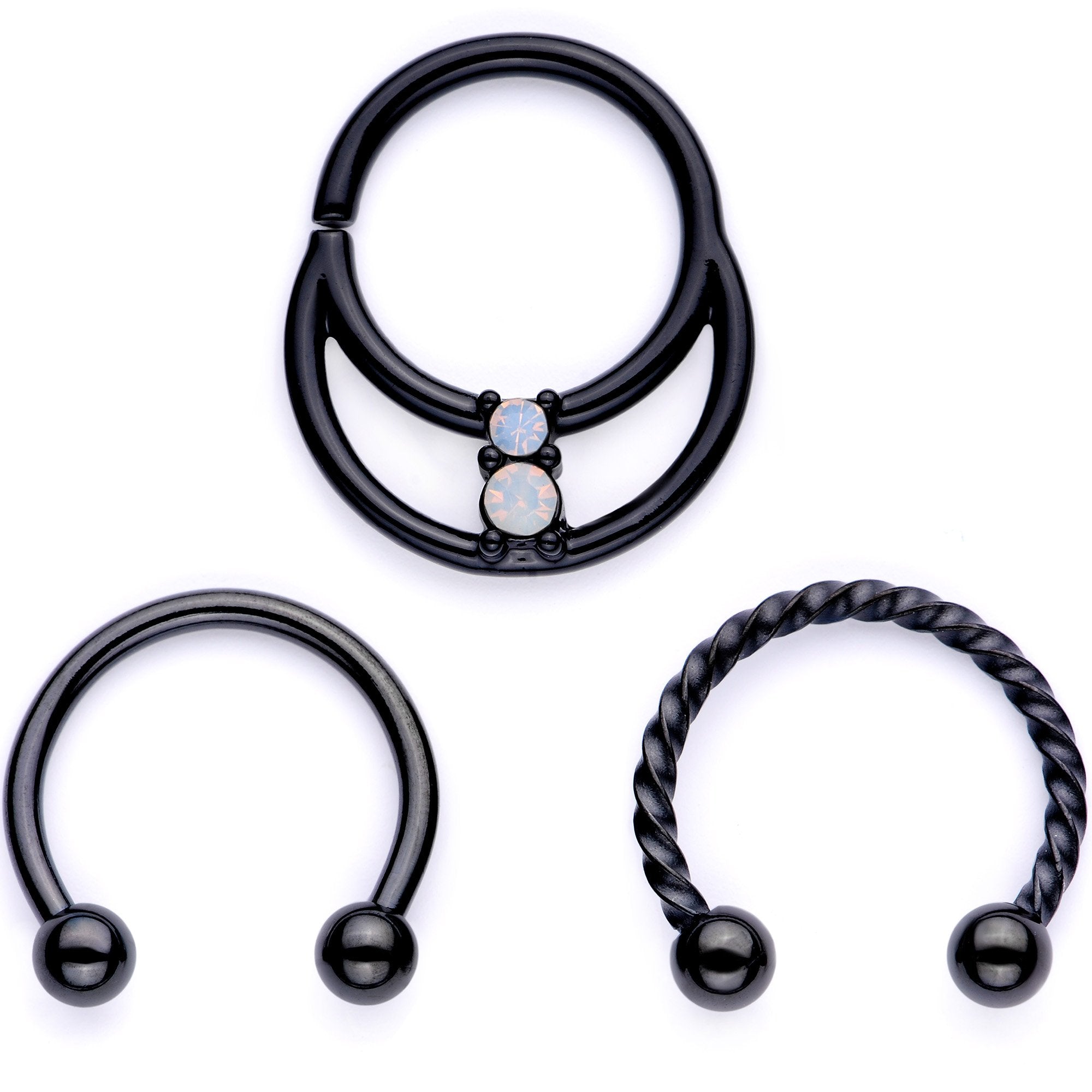 16 Gauge 3/8 White Faux Opal Black Anodized Twisted Horseshoe Closure Ring Set