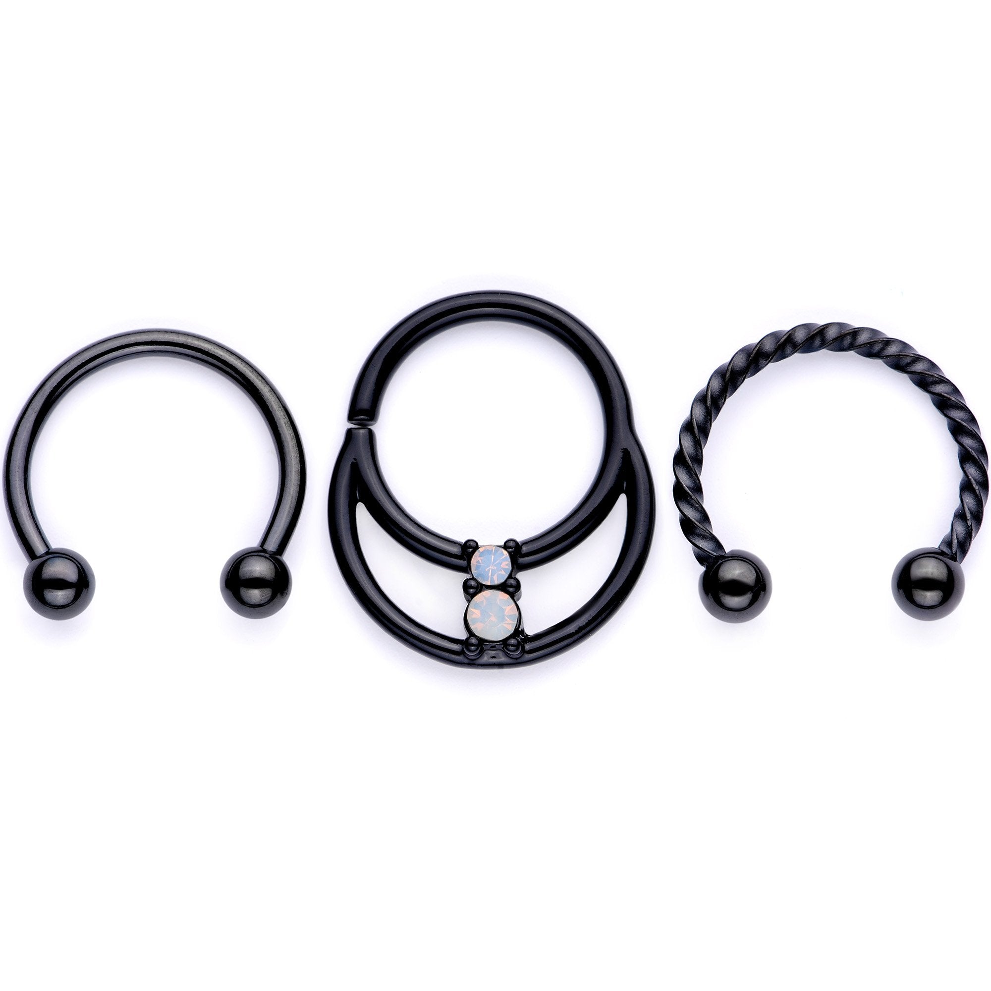 16 Gauge 3/8 White Faux Opal Black Anodized Twisted Horseshoe Closure Ring Set