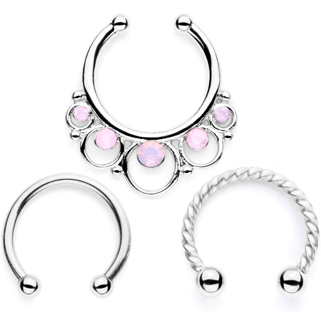 16 Gauge Pink Faux Opal Twisted Horseshoe Clip On Septum Set