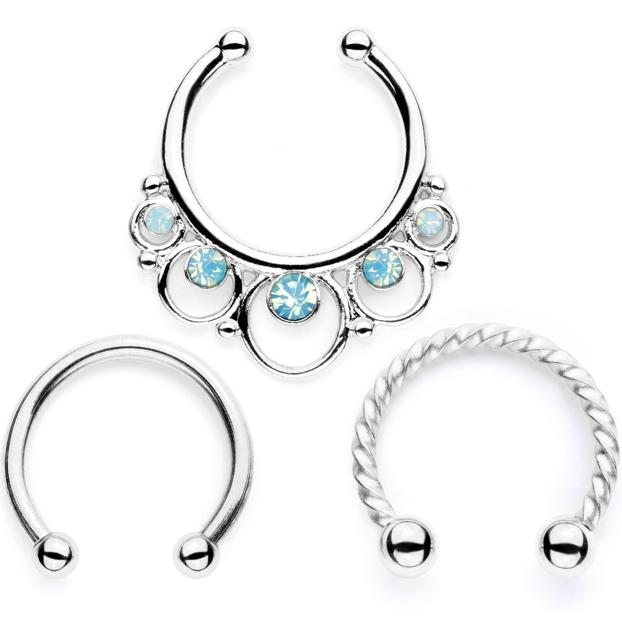 16 Gauge Teal Faux Opal Twisted Horseshoe Clip On Fake Septum Ring Set