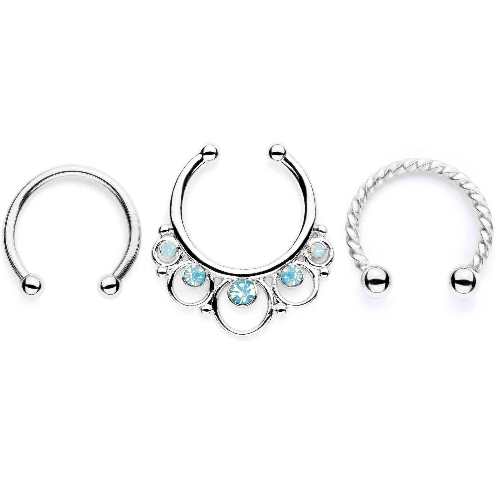 16 Gauge Teal Faux Opal Twisted Horseshoe Clip On Fake Septum Ring Set