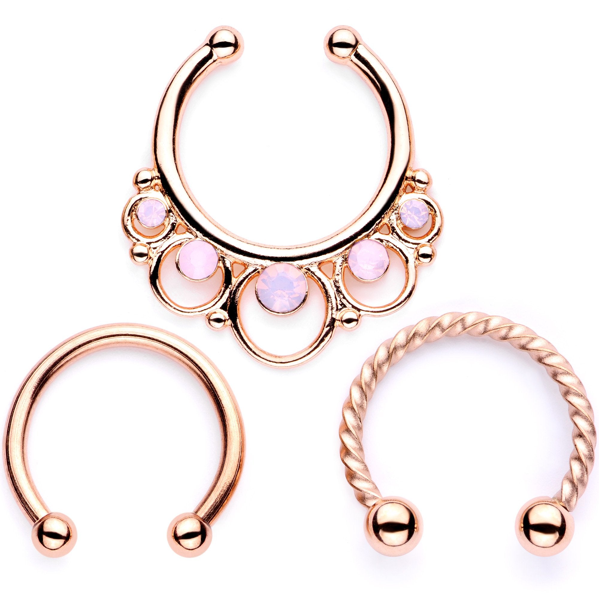 16 Gauge Pink Faux Opal Rose Gold Tone Twisted Horseshoe Clip On Fake Septum Ring Set