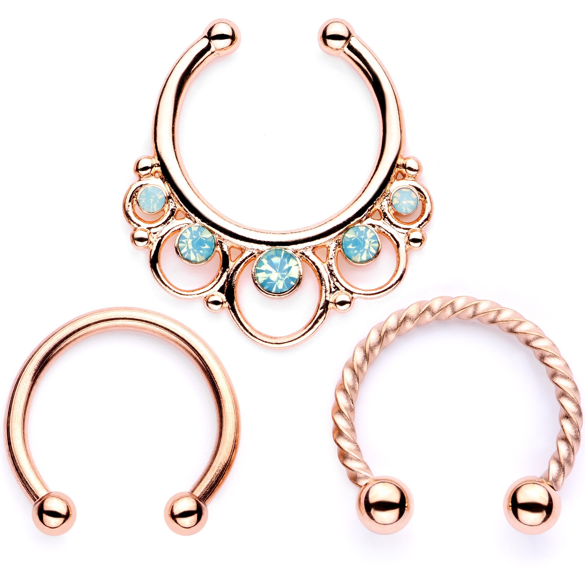 16 Gauge Teal Faux Opal Rose Gold Tone Twisted Horseshoe Clip On Fake Septum Ring Set