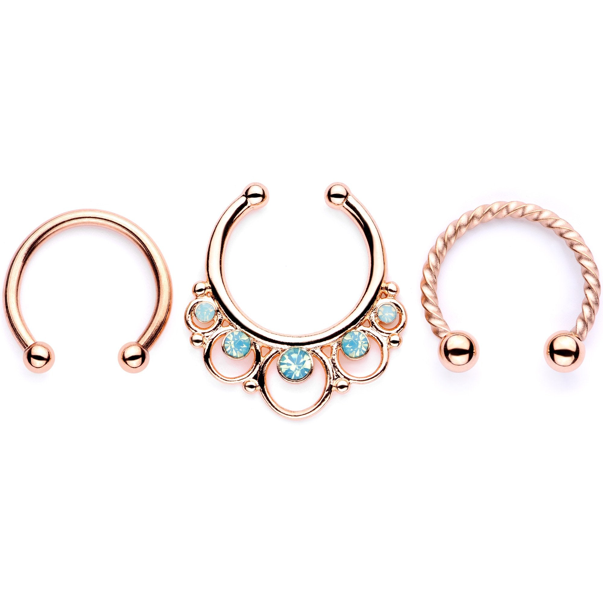 16 Gauge Teal Faux Opal Rose Gold Tone Twisted Horseshoe Clip On Fake Septum Ring Set