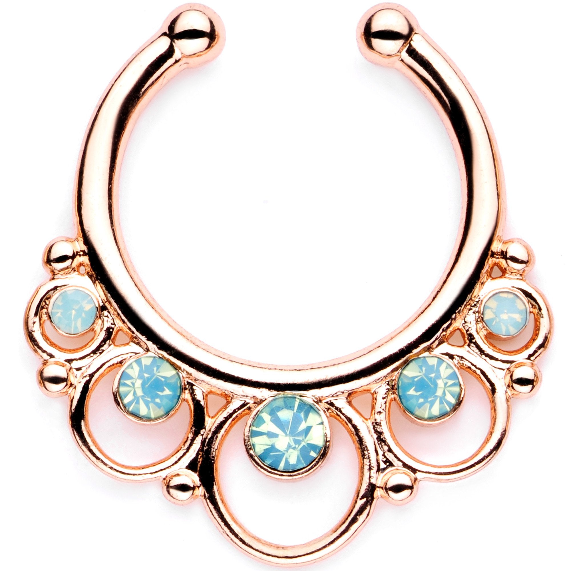 16 Gauge Teal Faux Opal Rose Gold Tone Twisted Horseshoe Clip On Fake Septum Ring Set