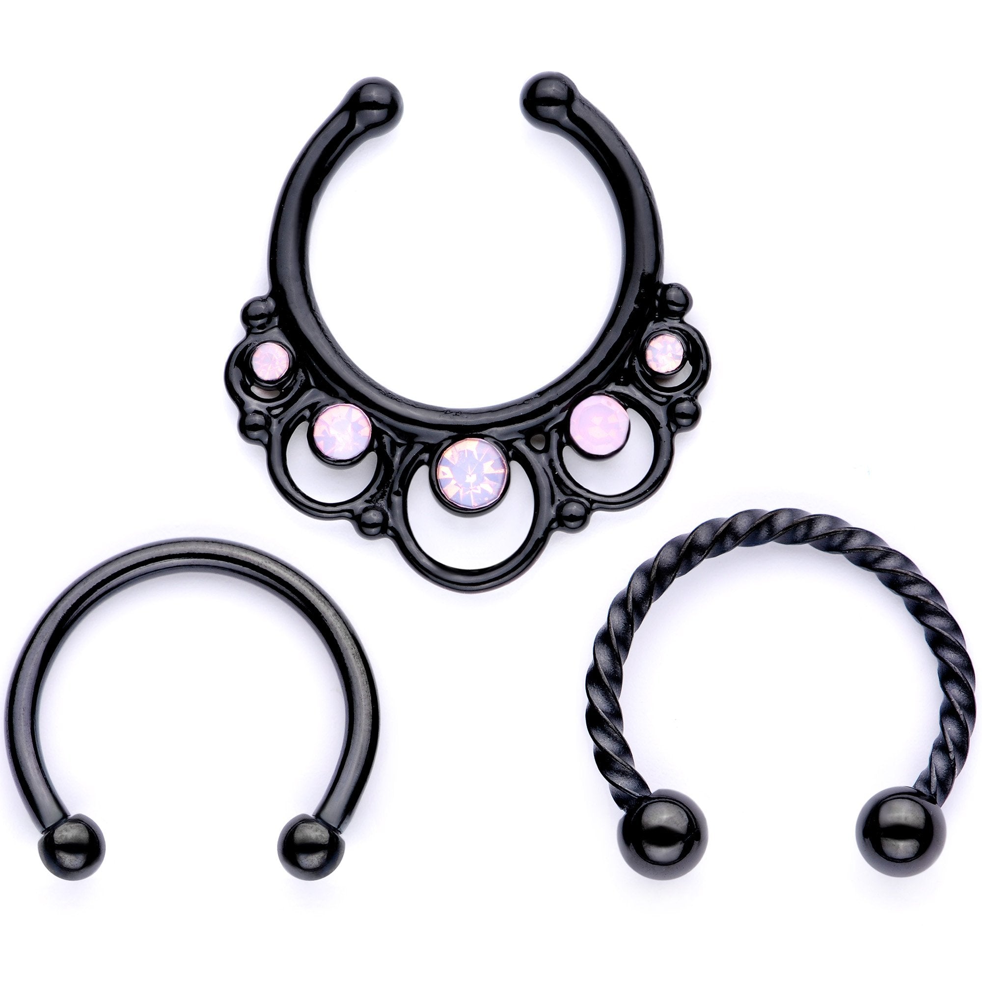 Pink Faux Opal Black Anodized Twisted Horseshoe Clip On Septum