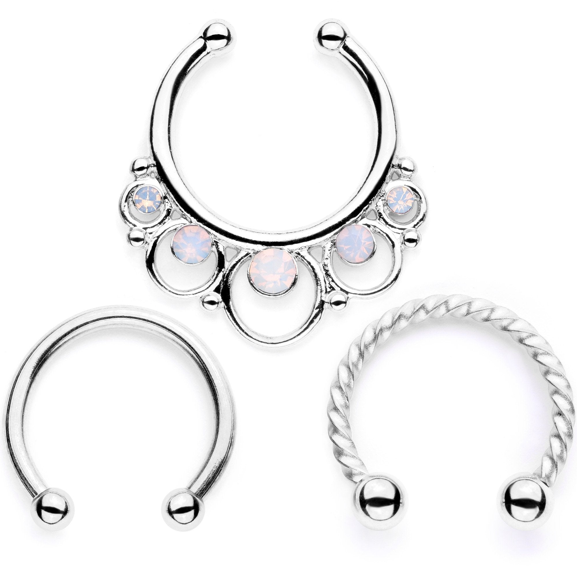 16 Gauge White Faux Opal Twisted Horseshoe Clip On Fake Septum Ring Set