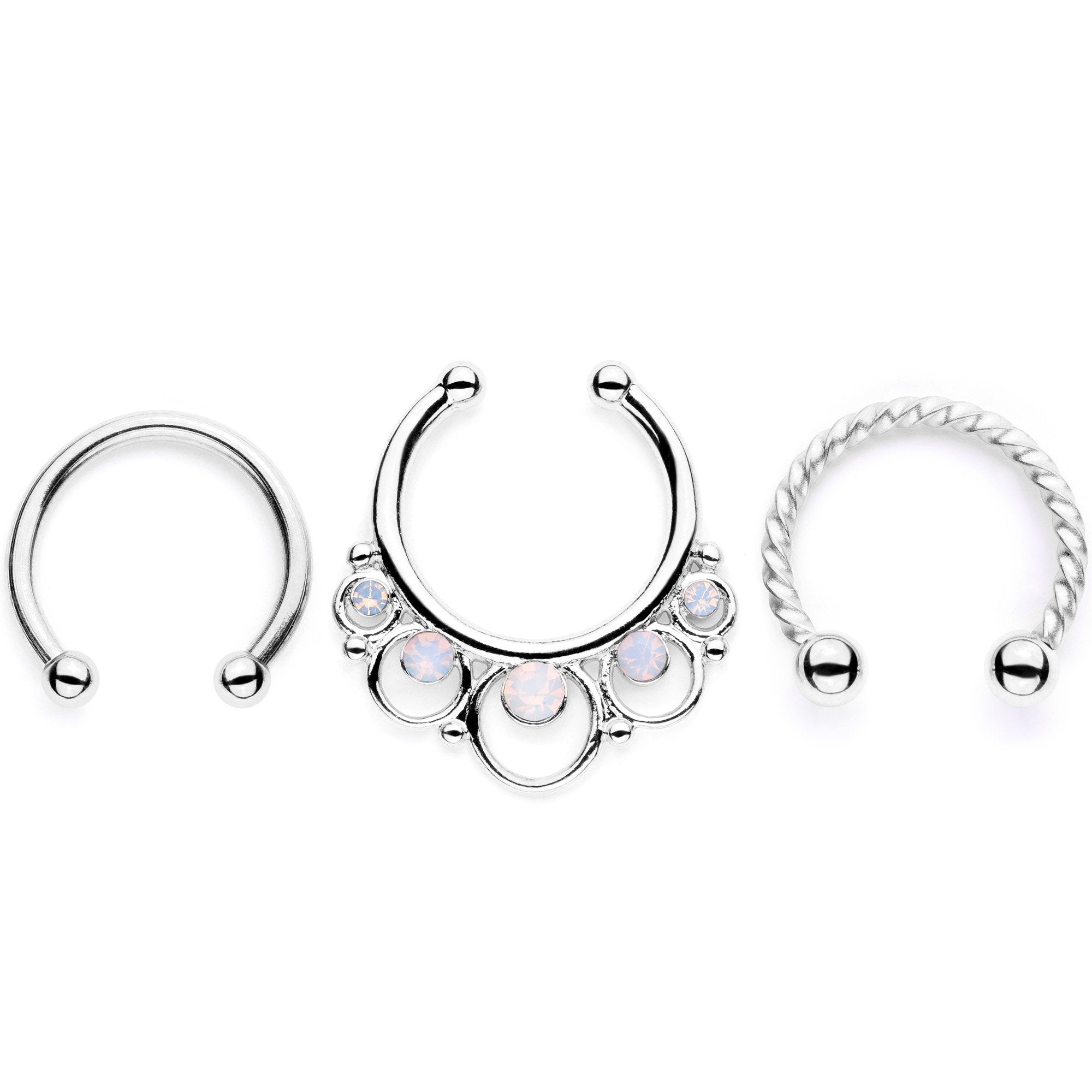 16 Gauge White Faux Opal Twisted Horseshoe Clip On Fake Septum Ring Set