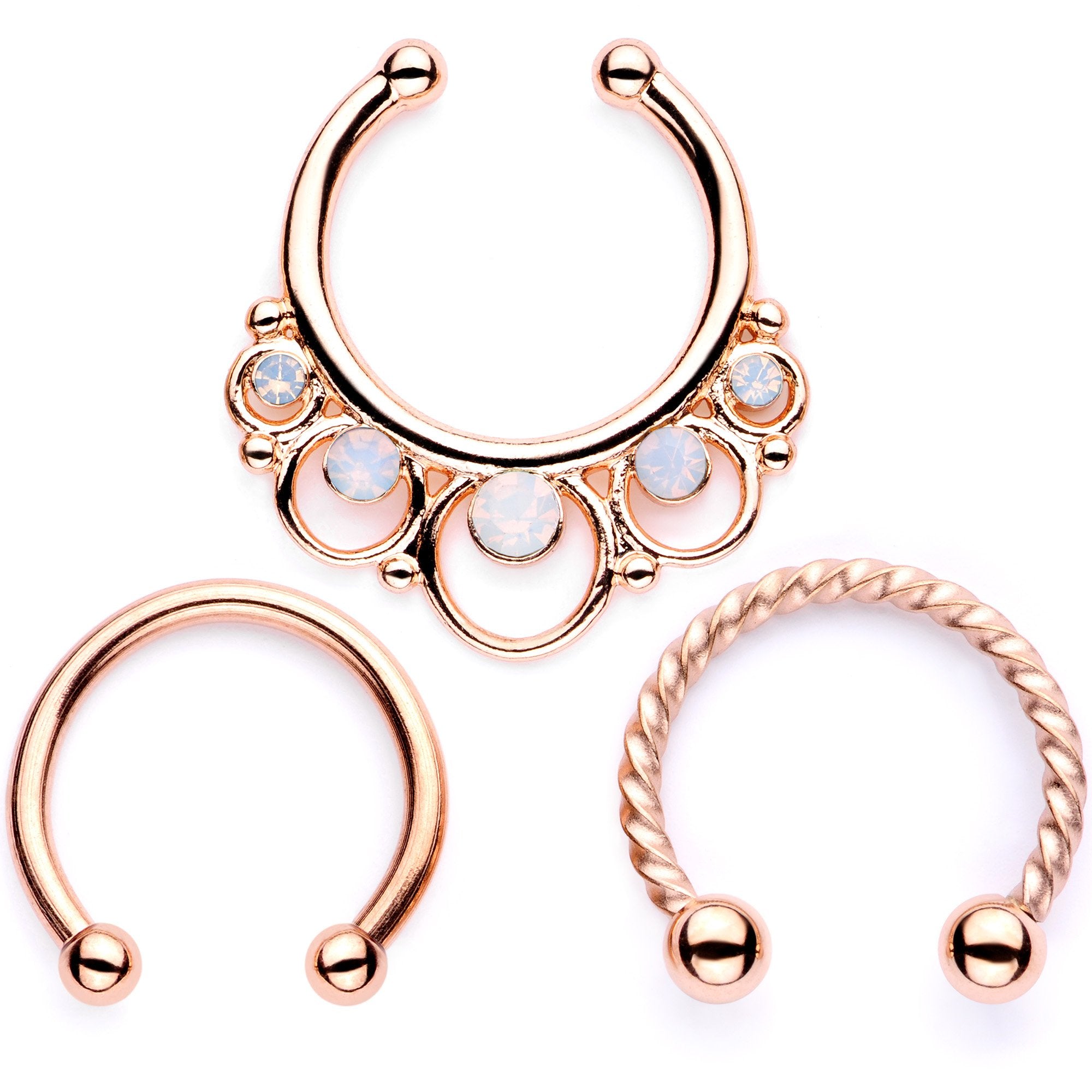 16 Gauge White Faux Opal Rose Gold Tone Twisted Horseshoe Clip On Fake Septum Ring Set