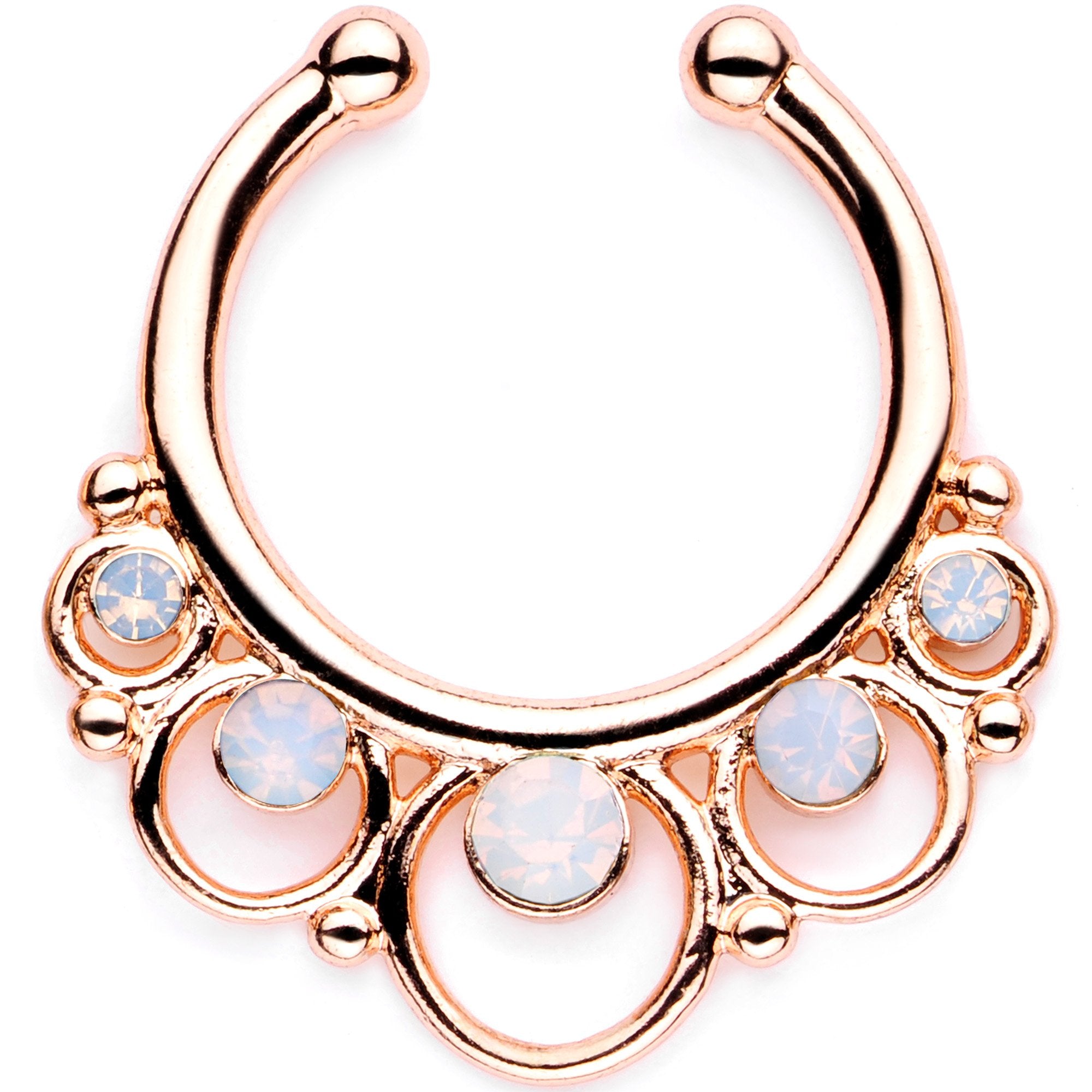 16 Gauge White Faux Opal Rose Gold Tone Twisted Horseshoe Clip On Fake Septum Ring Set