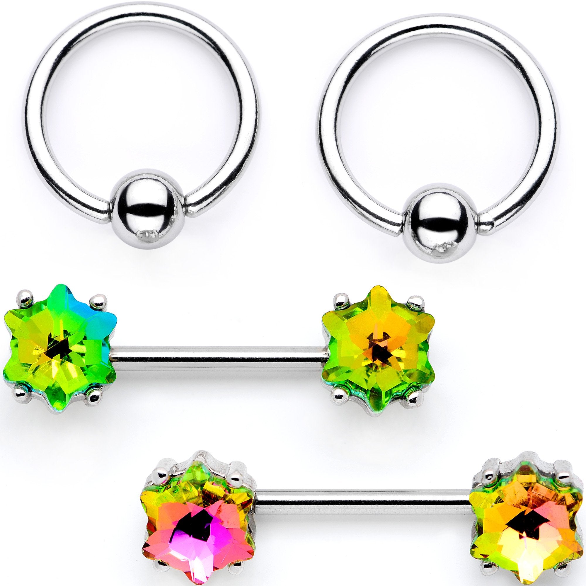 14 Gauge Green Gem Supernova Captive Ring Barbell Nipple Ring Set