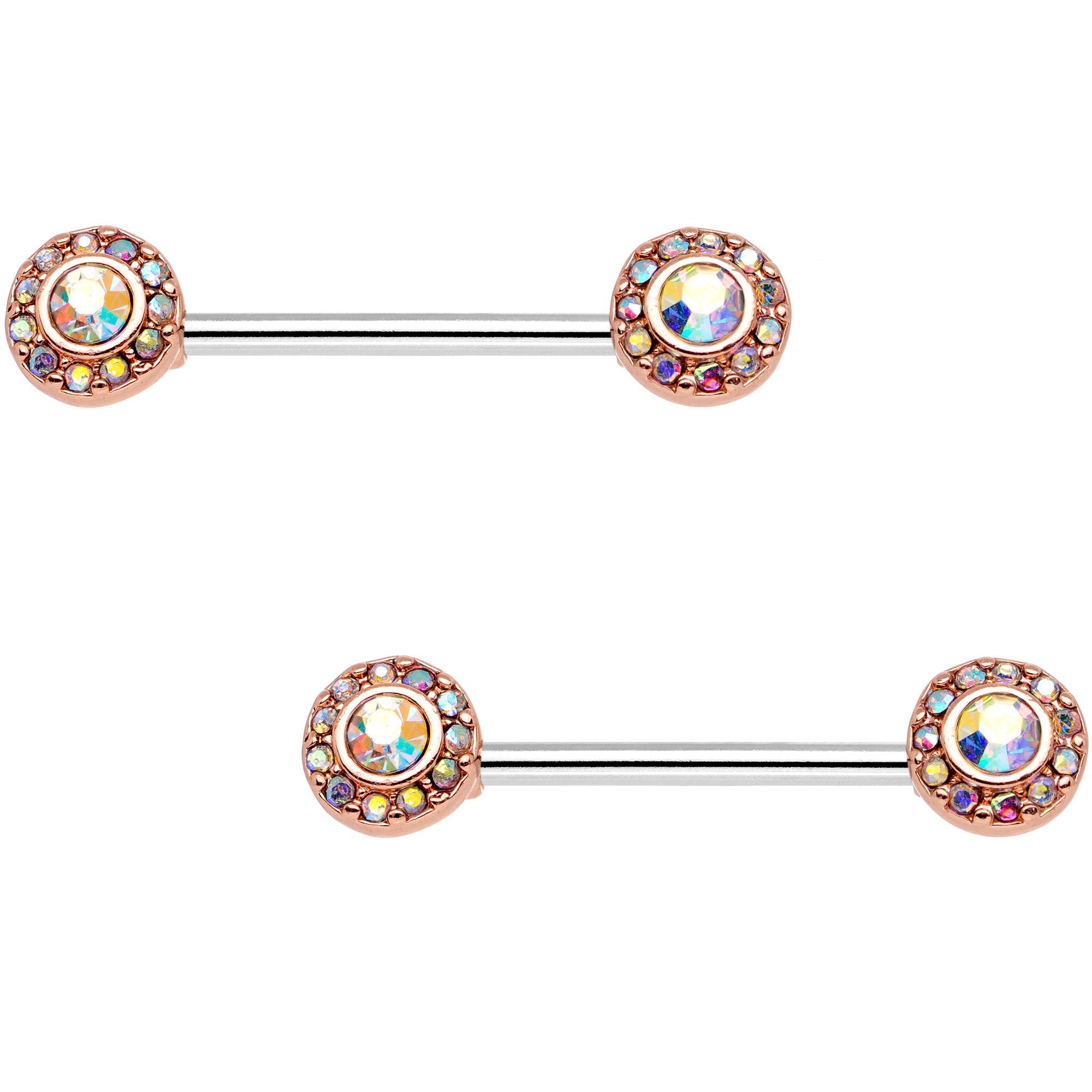 14 Gauge Aurora Gem Rose Gold Tone Cluster Barbell Nipple Ring Set