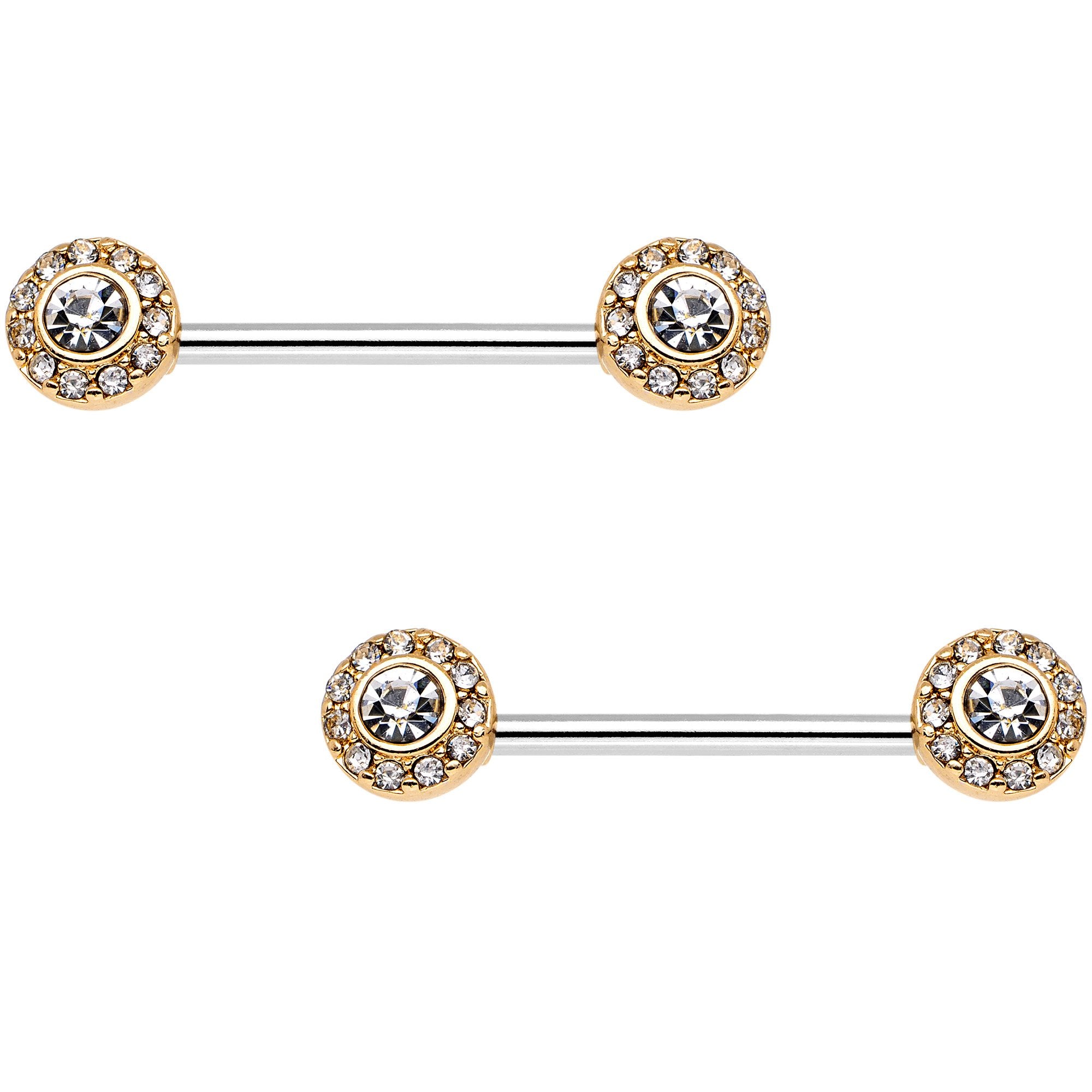 14 Gauge Clear Gem Gold Tone Circular Cluster Barbell Nipple Ring Set