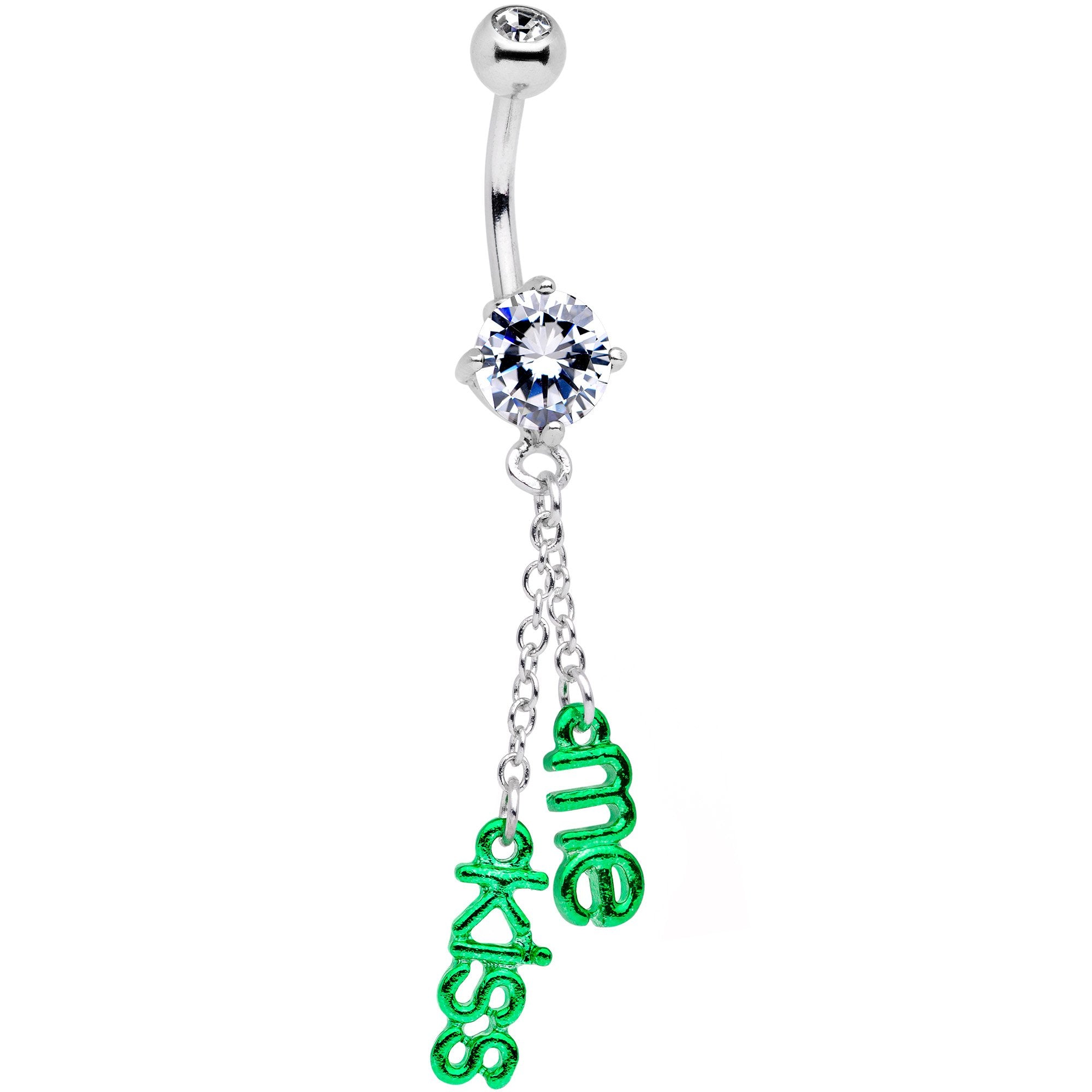 Clear CZ Gem St Patricks Day Kiss Me Dangle Belly Ring