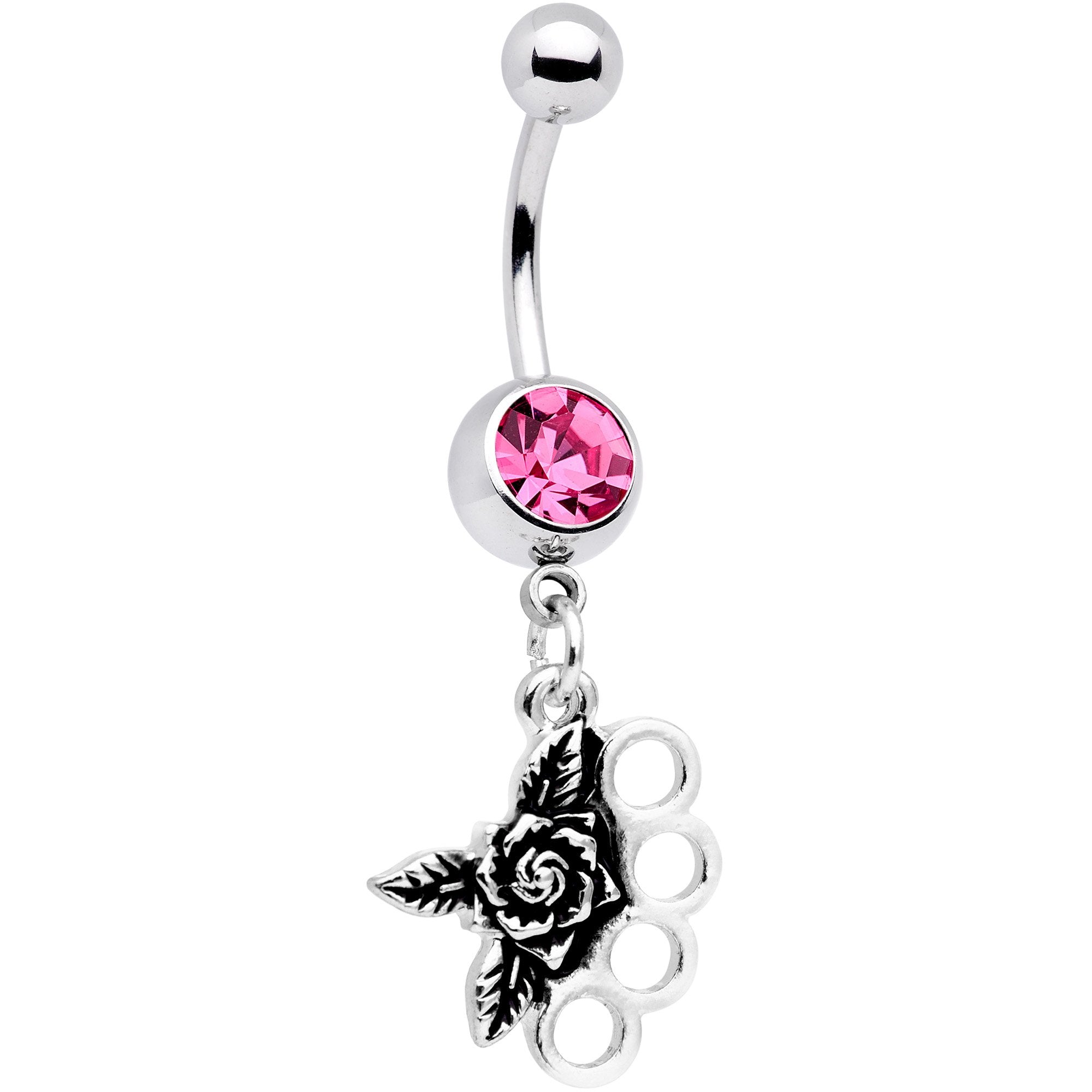 Pink CZ Gem Badass Brass Knuckles Dangle Belly Ring