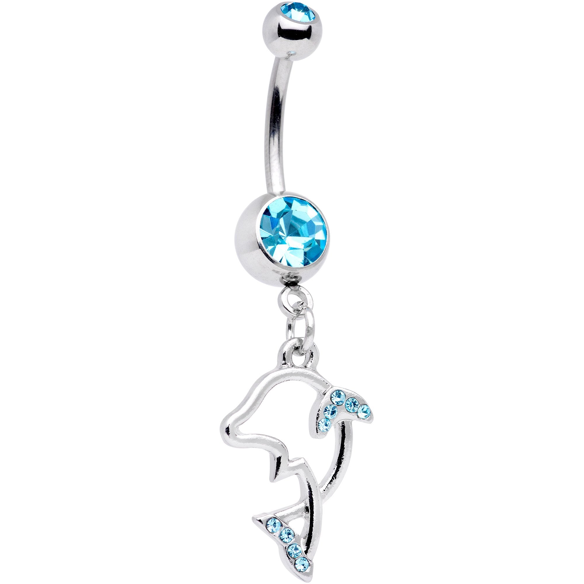 Aqua Gem Hollow Dolphin Dangle Belly Ring