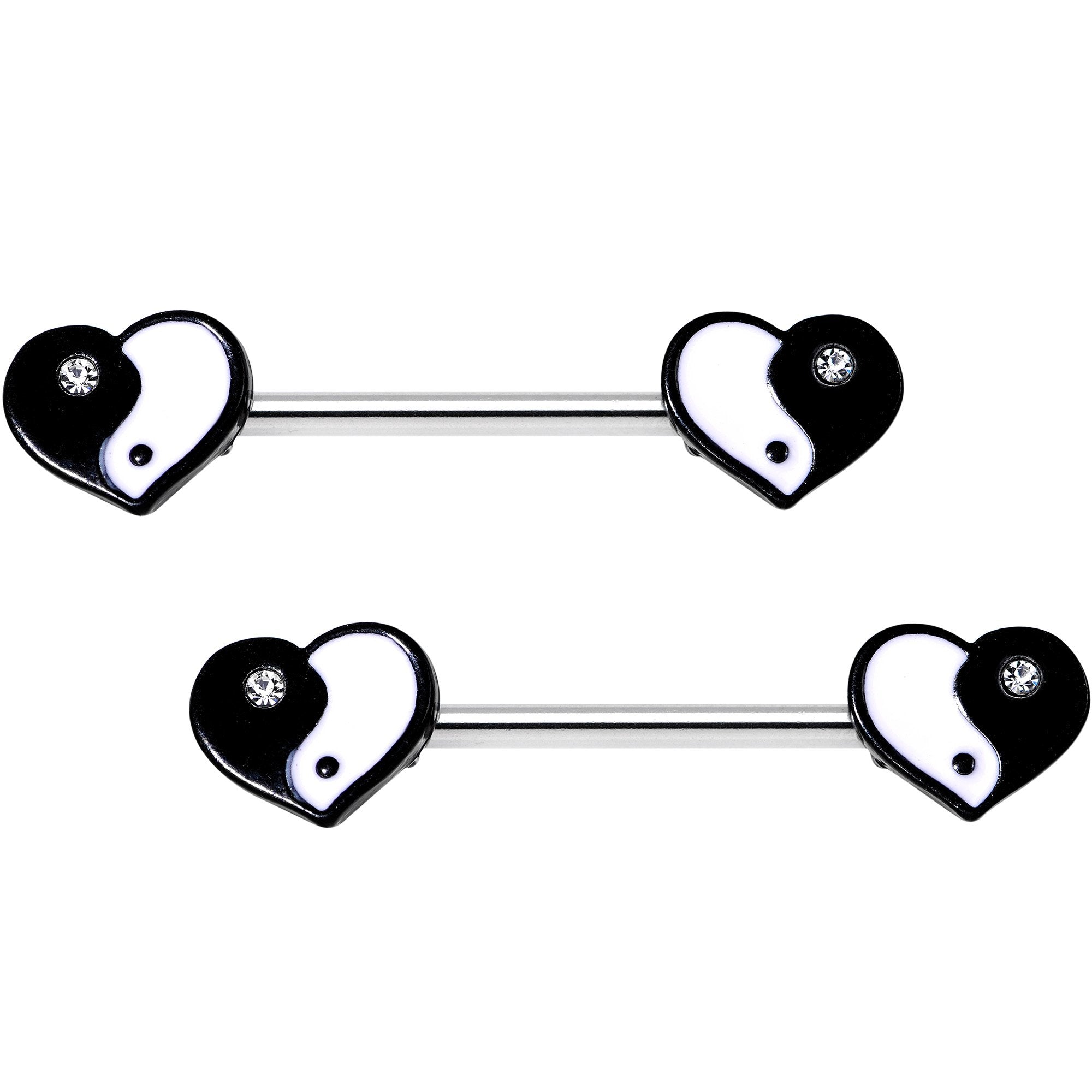 Clear Gem Yin Yang Heart Barbell Nipple Ring Set