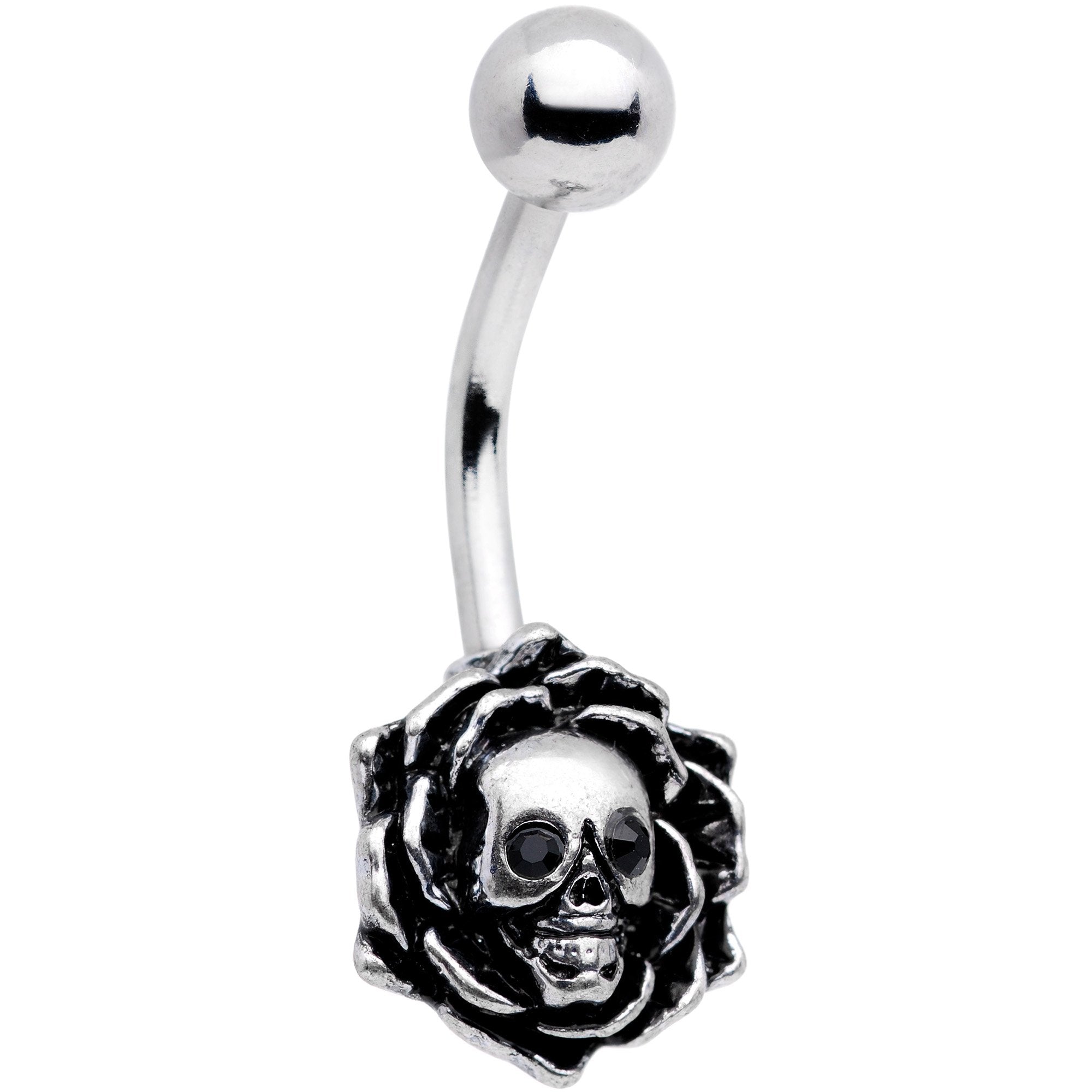 Black Gem Halloween Skull Rose Flower Belly Ring