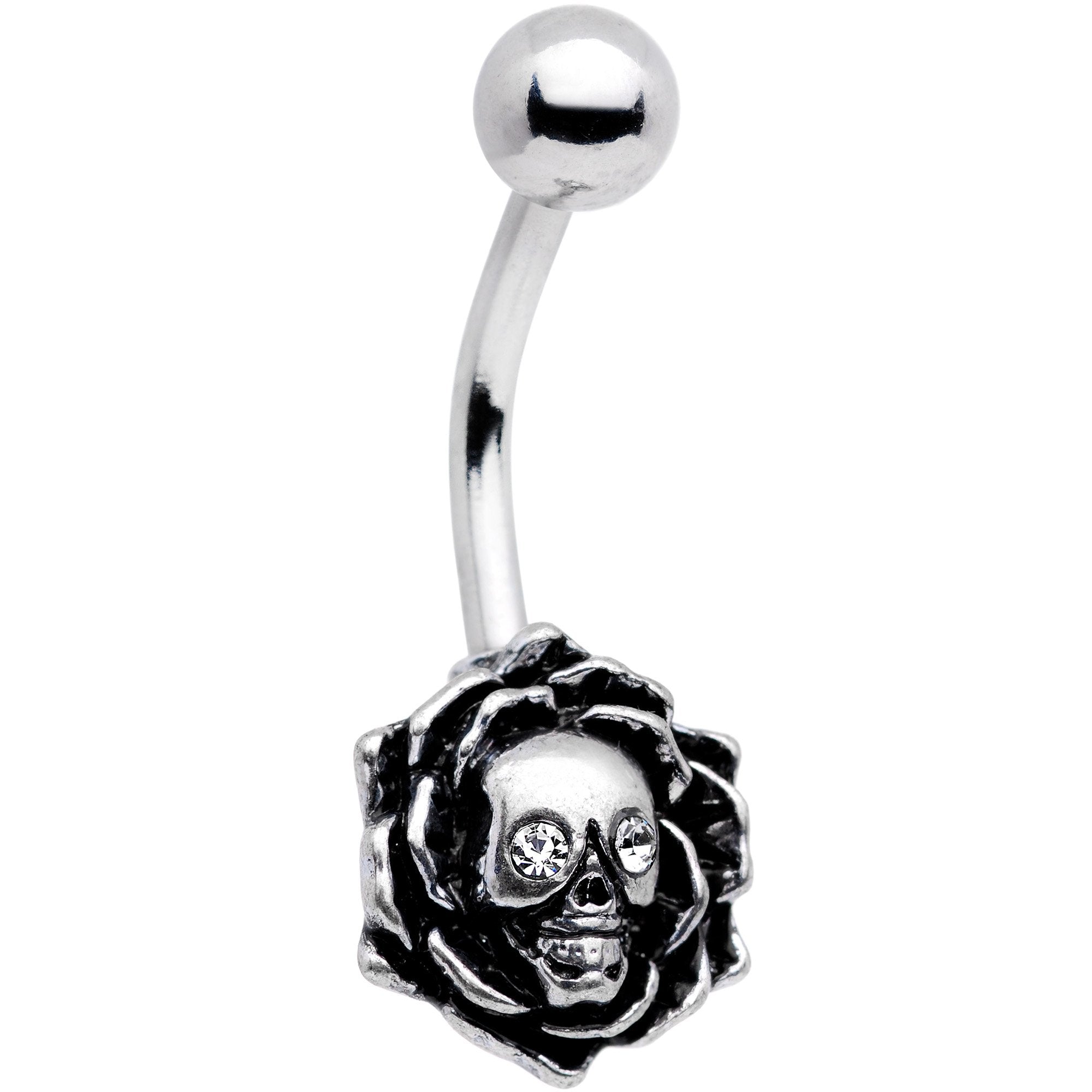 Clear Gem Halloween Skull Rose Flower Belly Ring