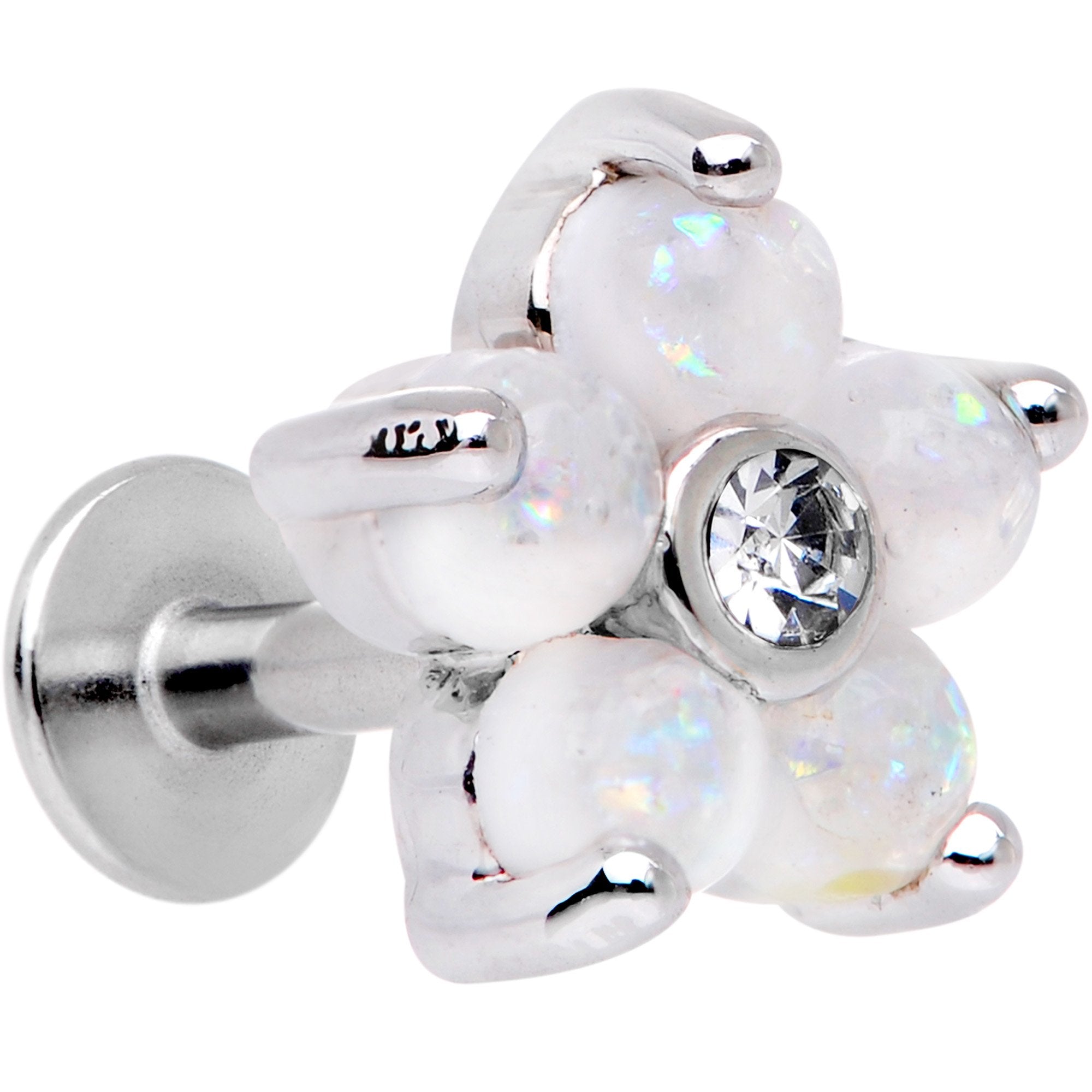 16 Gauge 1/4 White Faux Opal CZ Flower Cartilage Tragus