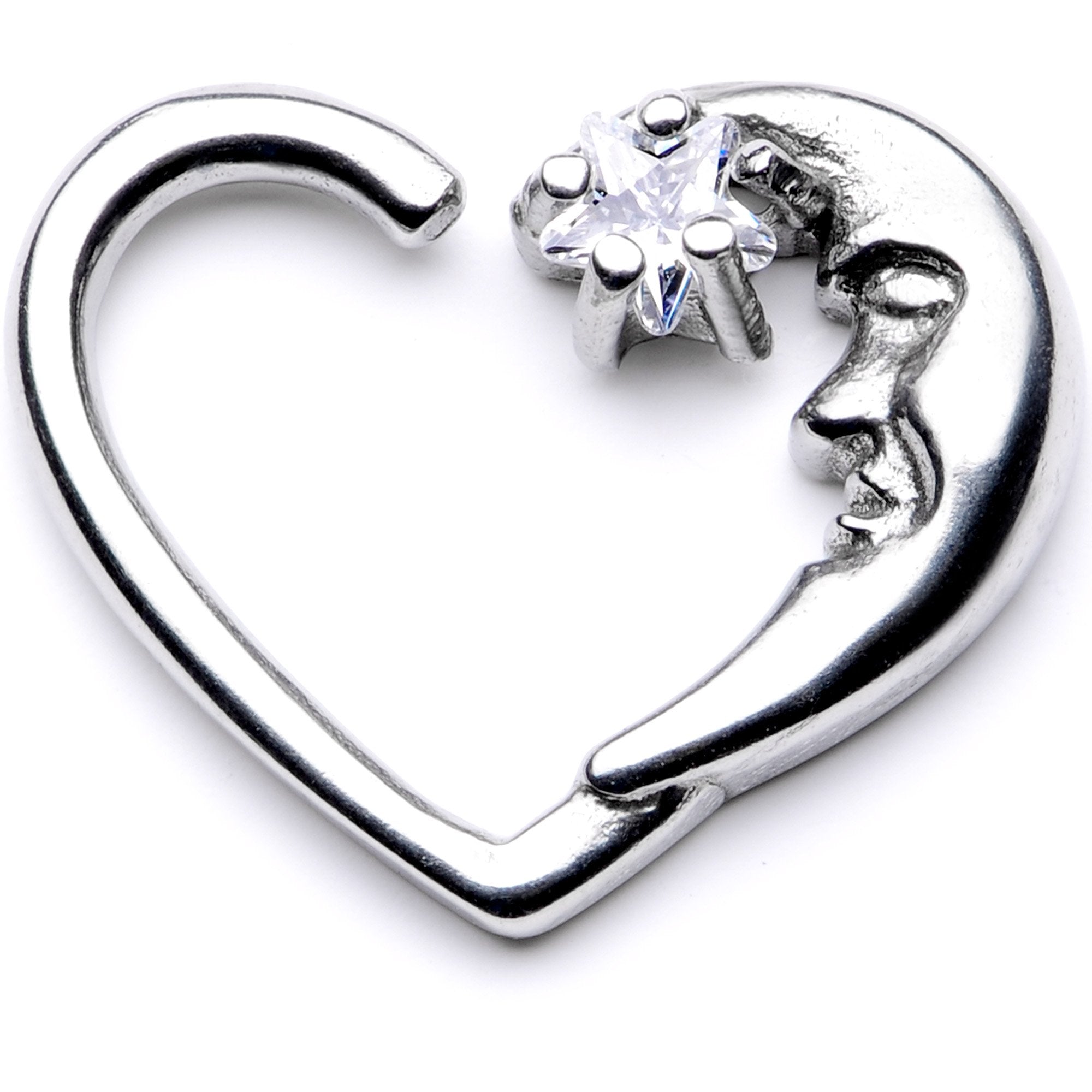 16 Gauge 3/8 Clear CZ Gem Star in the Moon Left Heart Closure Ring