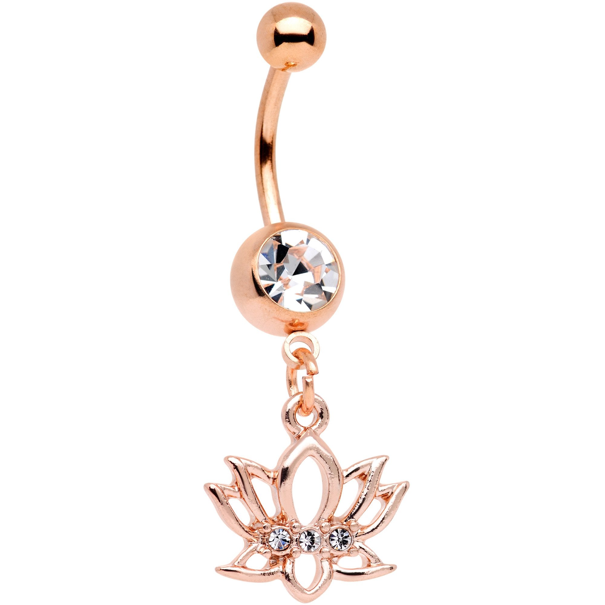 Clear Gem Rose Gold Tone Live Love Lotus Flower Dangle Belly Ring