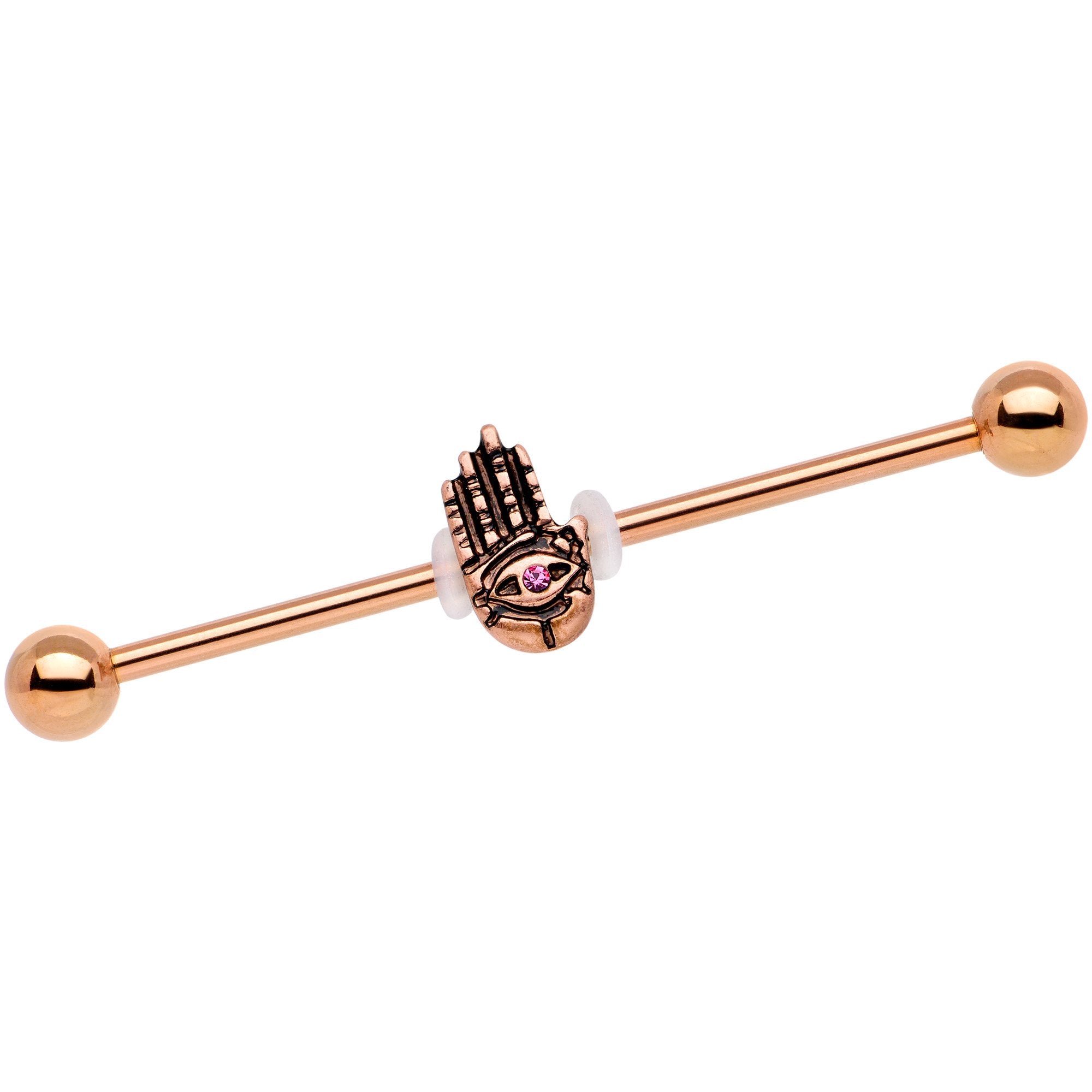 Pink Gem Rose Gold Tone Hamsa Eye Industrial Barbell 38mm