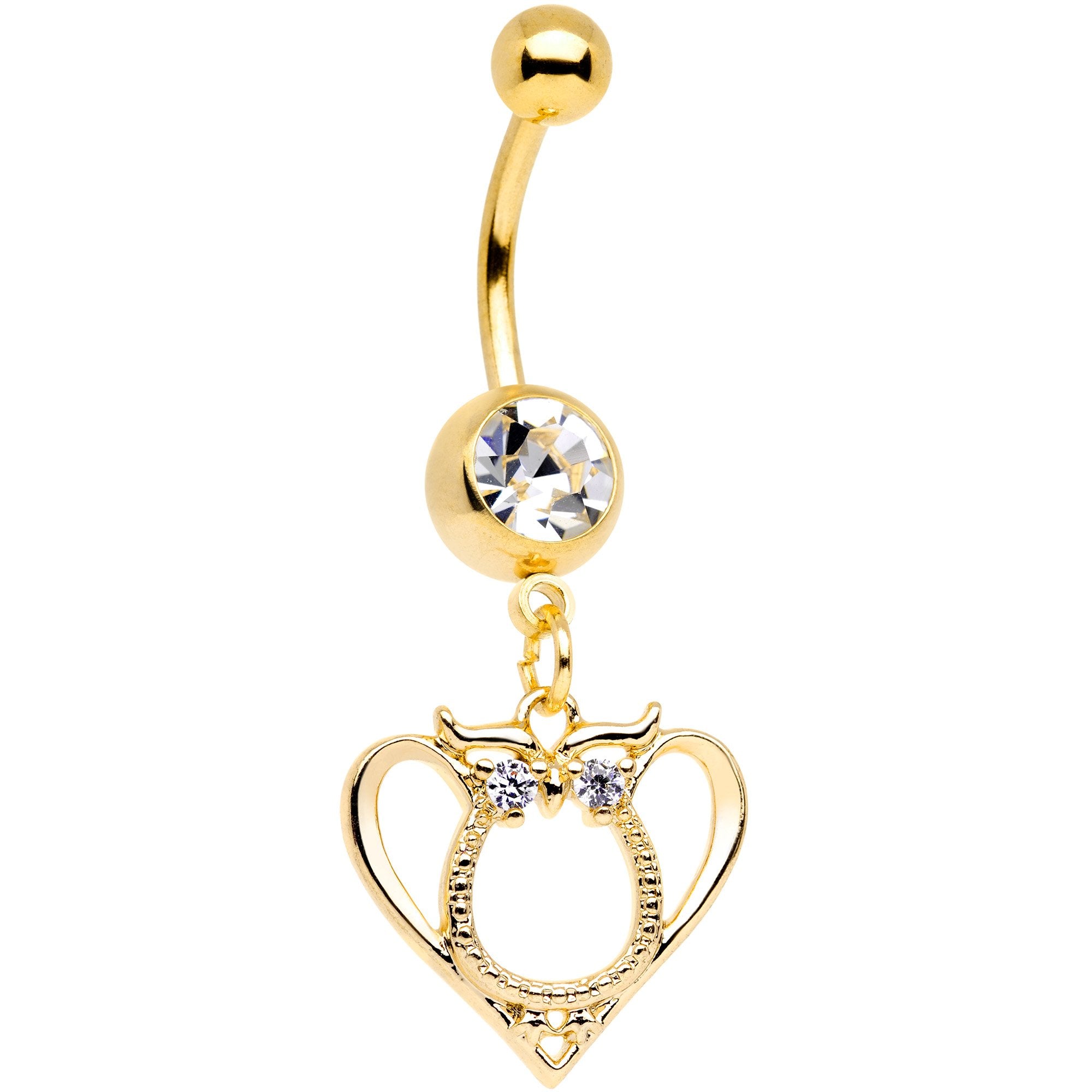 Clear Gem Gold Tone Anodized Owl Heart Dangle Belly Ring