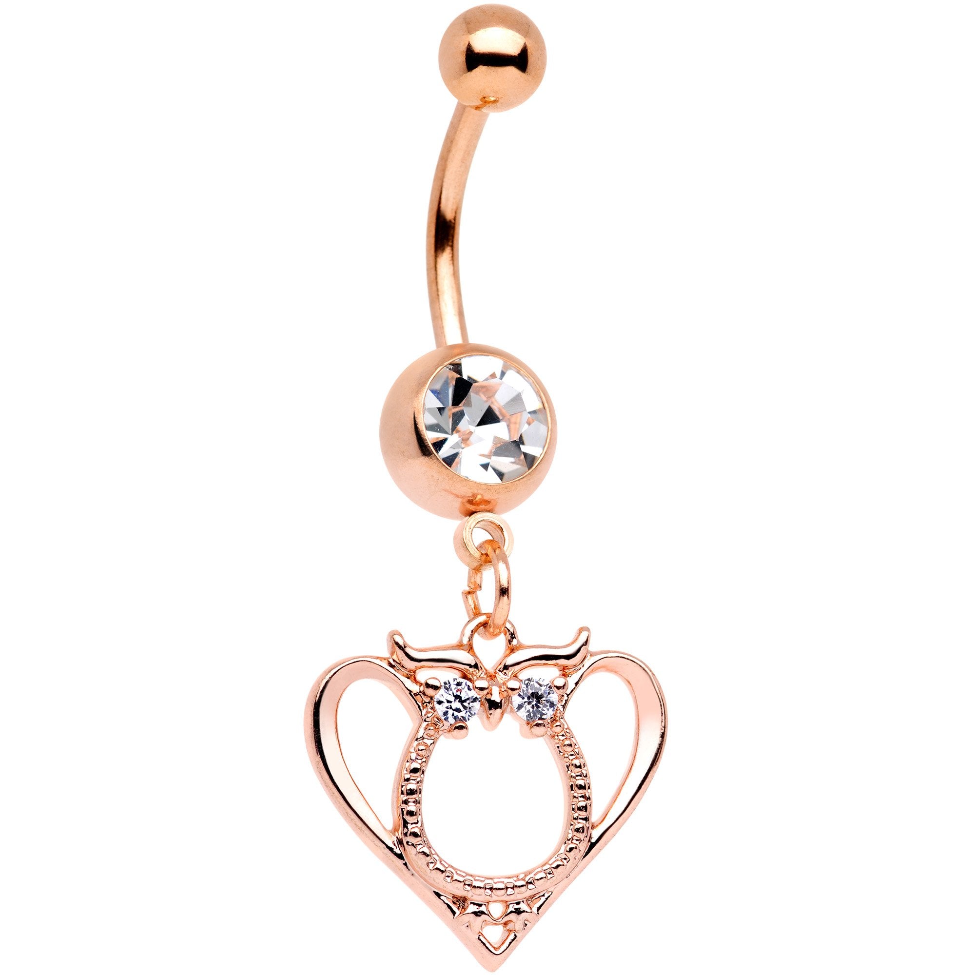 Clear Gem Rose Gold Tone Anodized Owl Heart Dangle Belly Ring