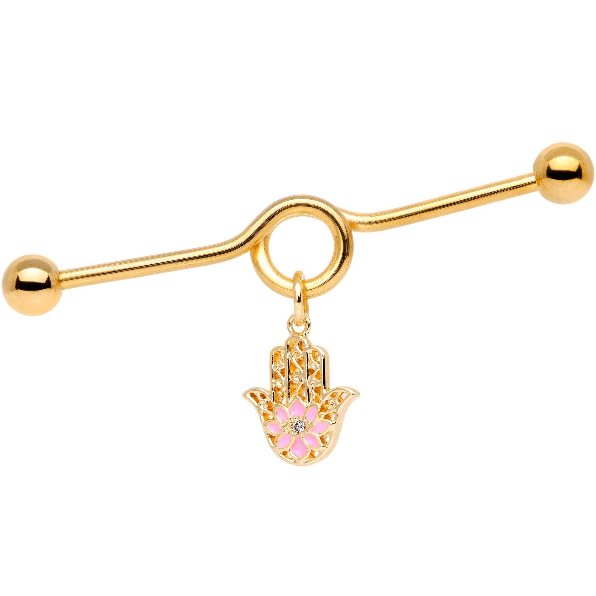 Pink Gem Gold Tone Hamsa Hand Industrial Barbell 38mm