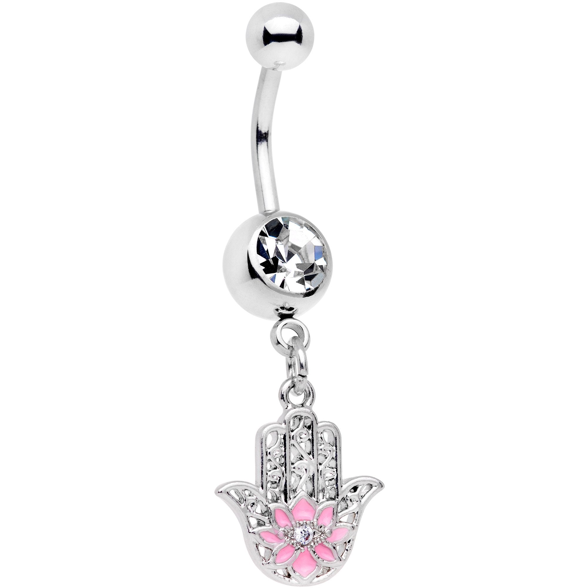 Pink Clear Gem Hamsa Hand Lotus Flower Dangle Belly Ring