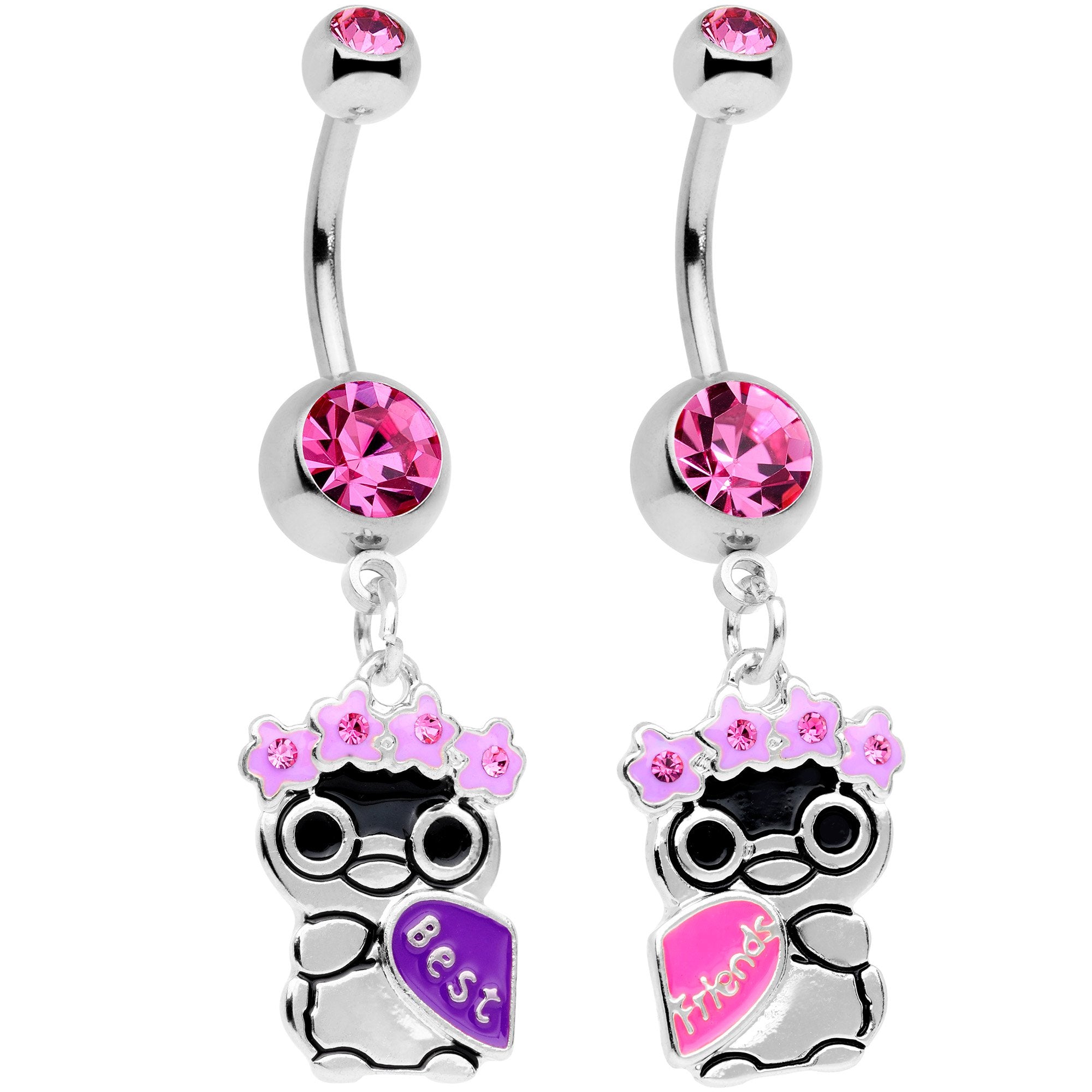 Pink Gem BFF Penguins Dangle Belly Ring Set