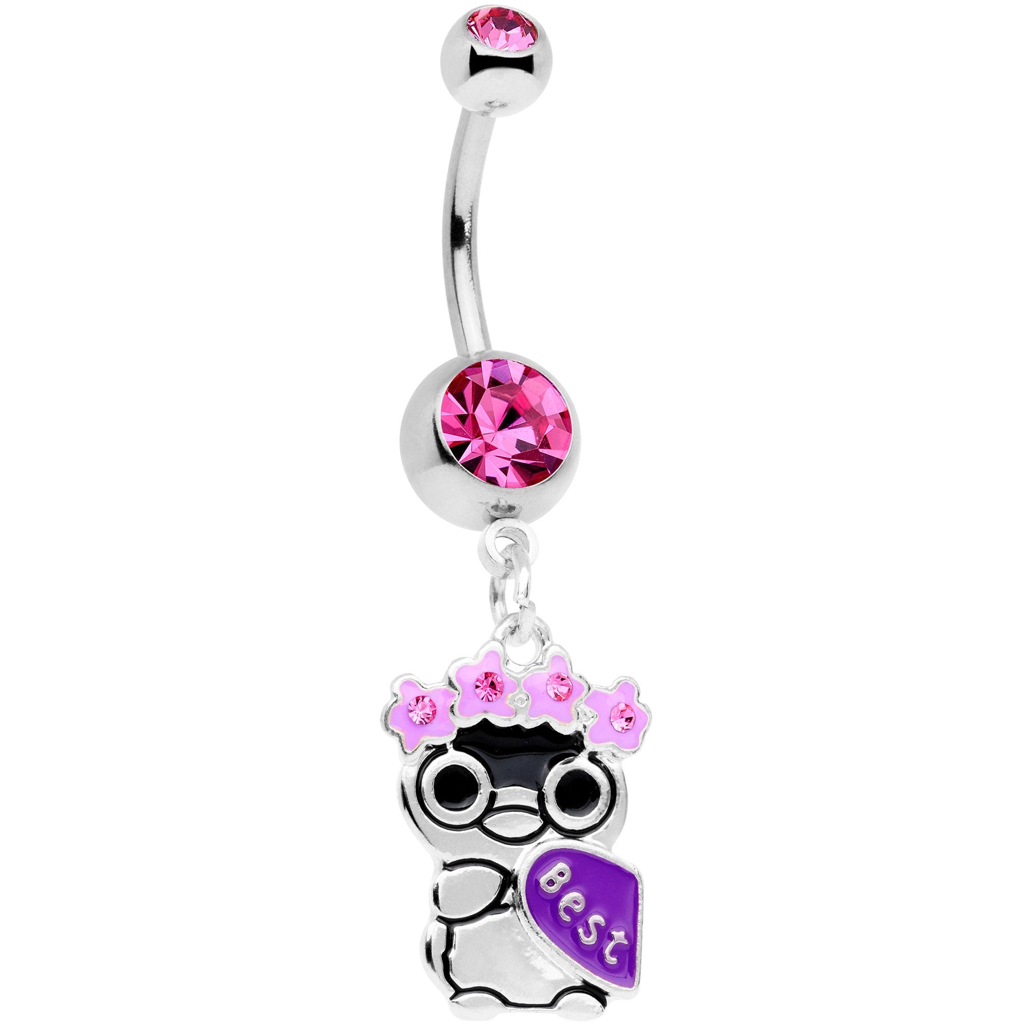 Pink Gem BFF Penguins Dangle Belly Ring Set